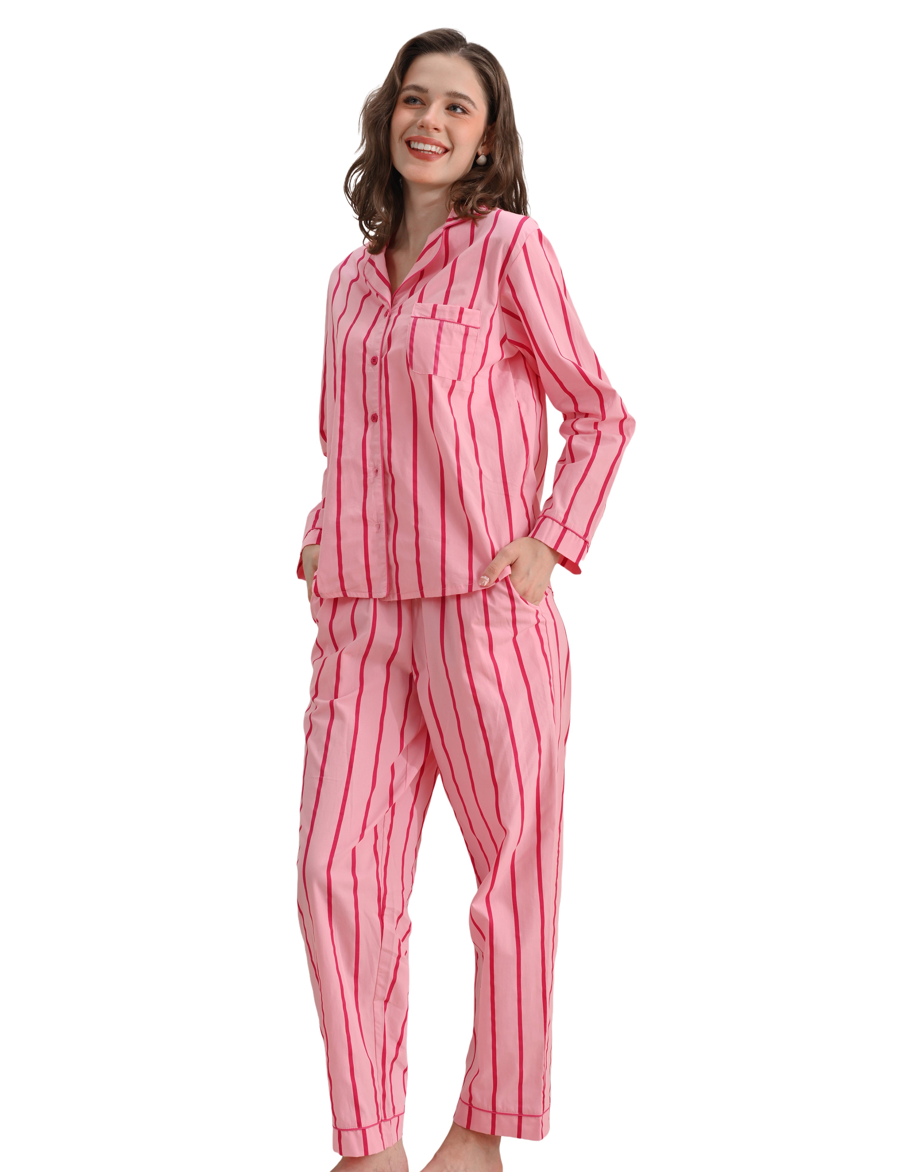 Pink stripe women’s woven cotton pajama set front view on white background