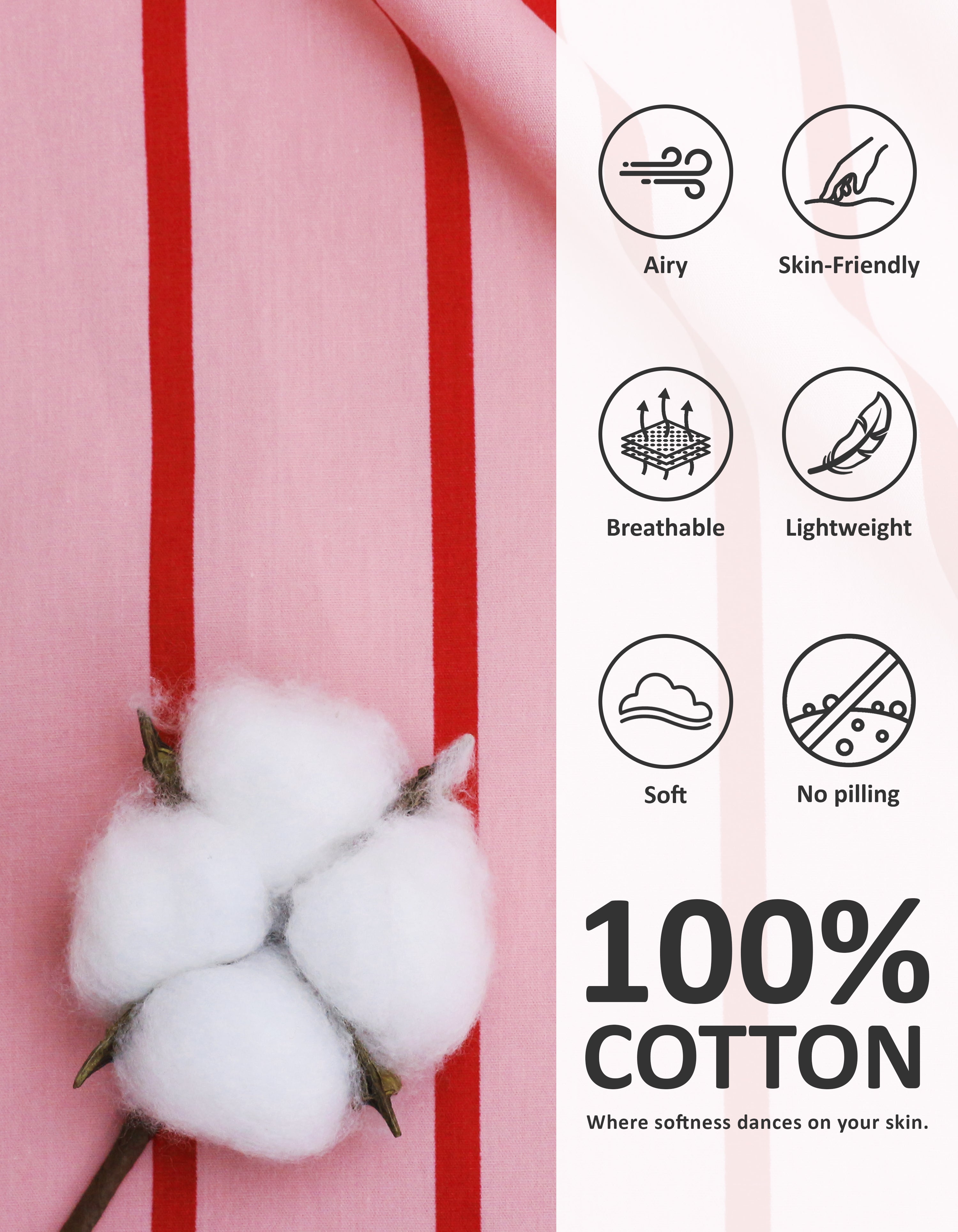 Close-up of pink stripe woven cotton pajama fabric showing breathability and softness