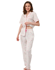 Women’s polka dot bow cotton pajama set front view on white background