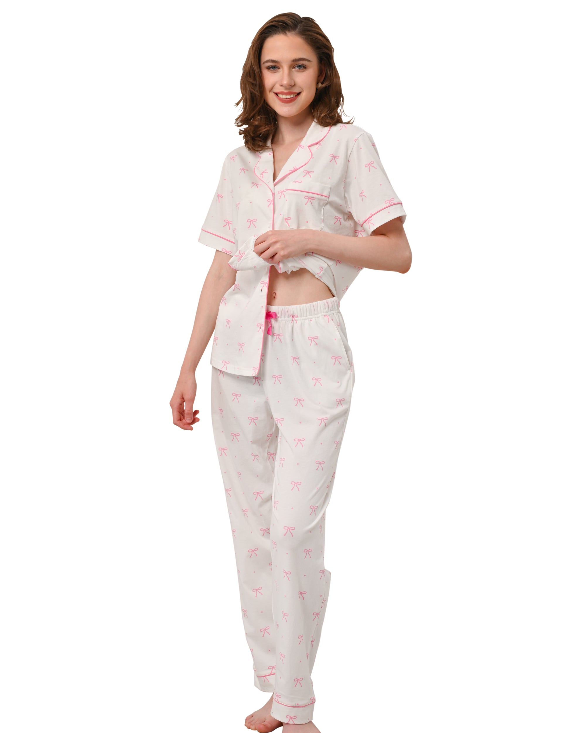 Women’s polka dot bow cotton pajama set front view on white background