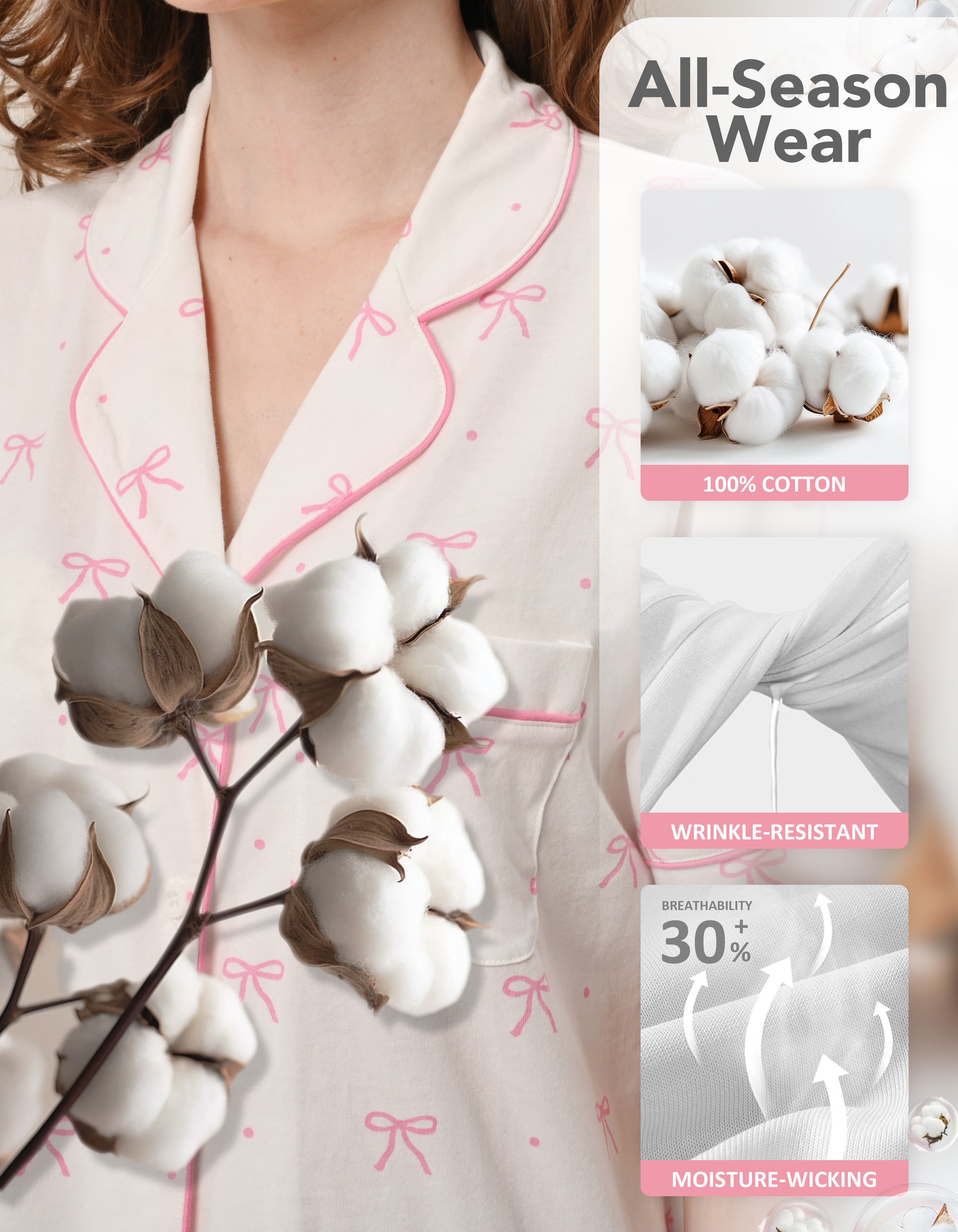 Close-up of polka dot bow print knit cotton pajama fabric showing softness and breathability