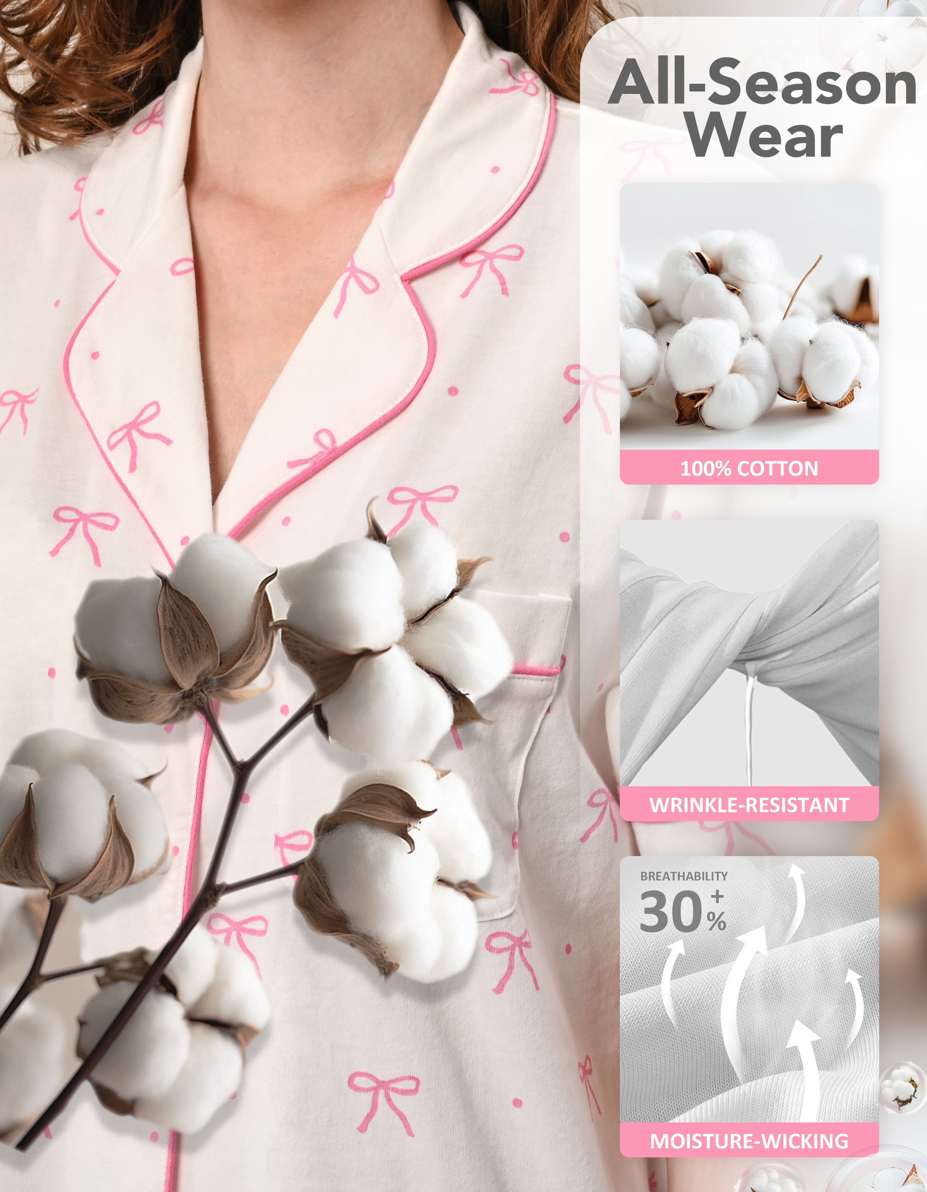 Close-up of cotton fabric and notch collar on polka dot bow pajamas