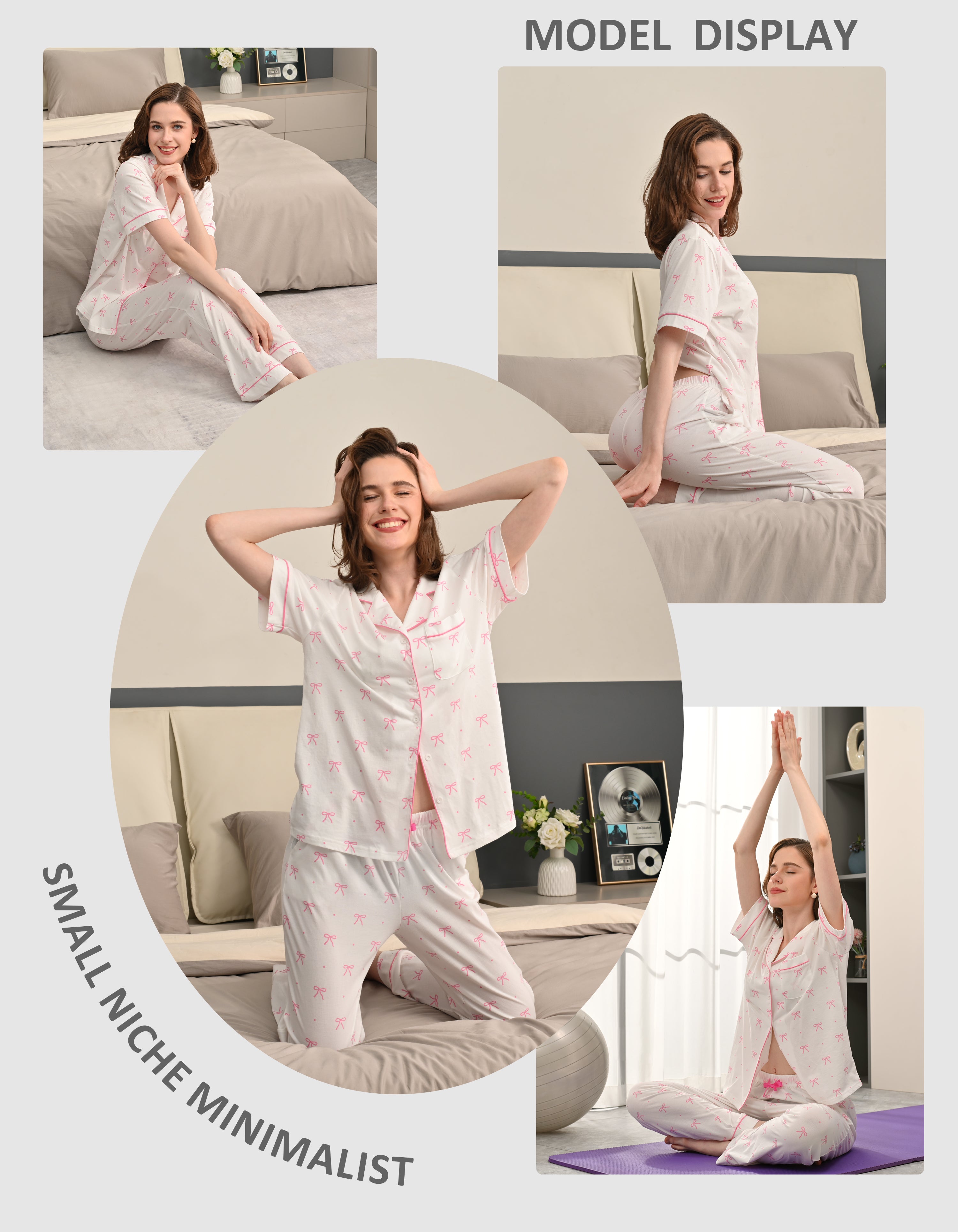 Woman wearing polka dot bow pajama set lounging at home