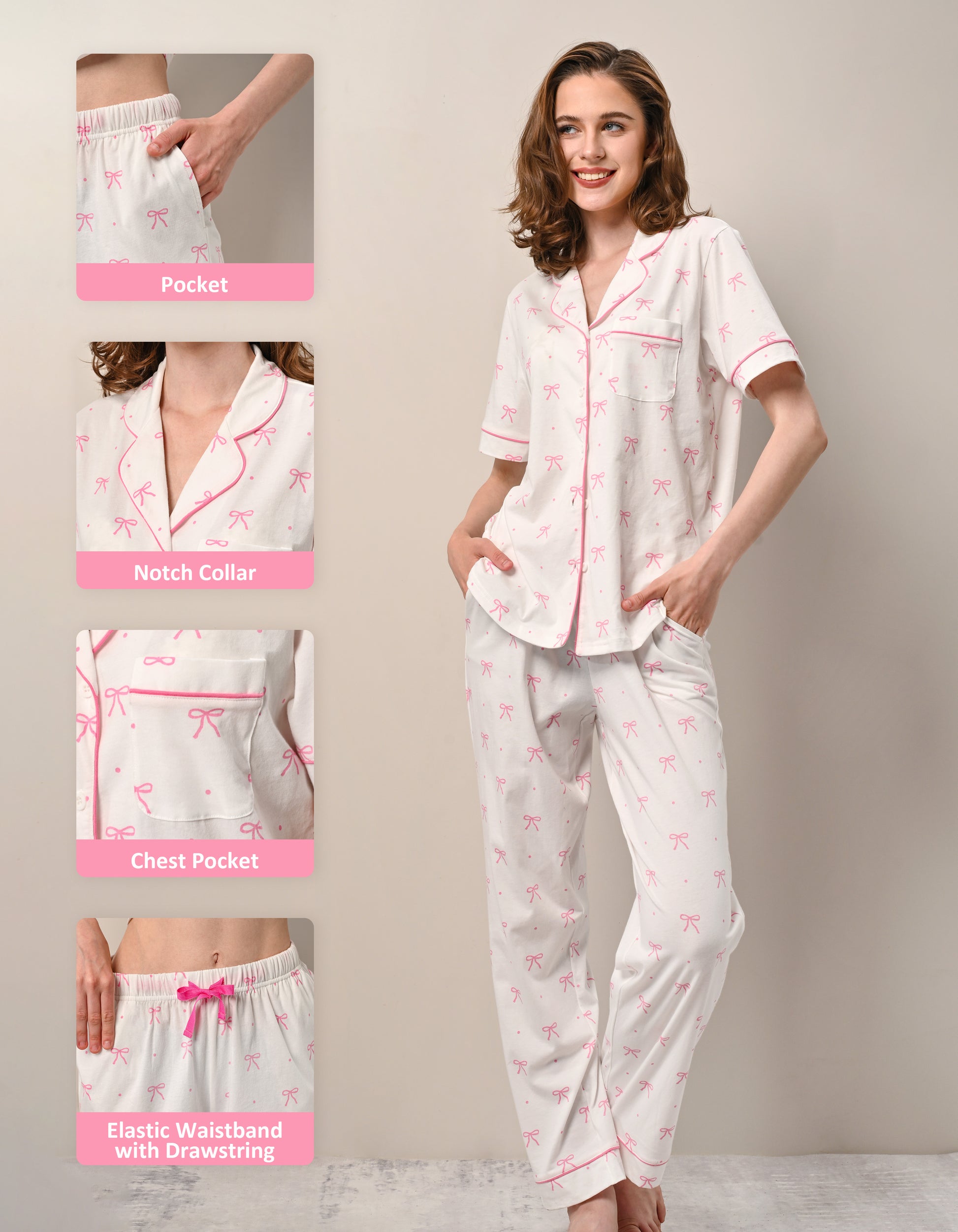 Elastic waistband and pocket detail of women’s bow print pajama pants
