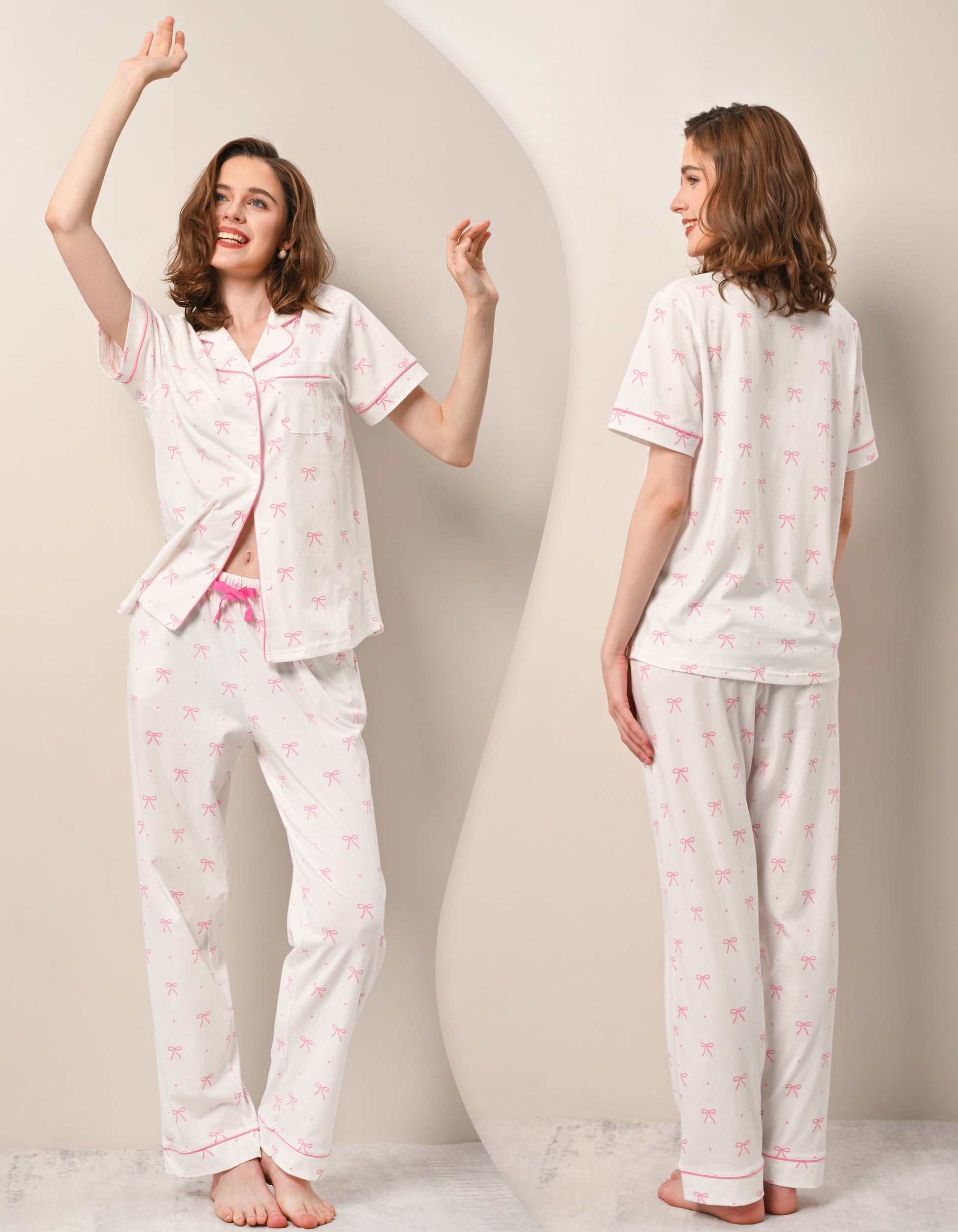 Front and back view of polka dot bow print pajama set for women