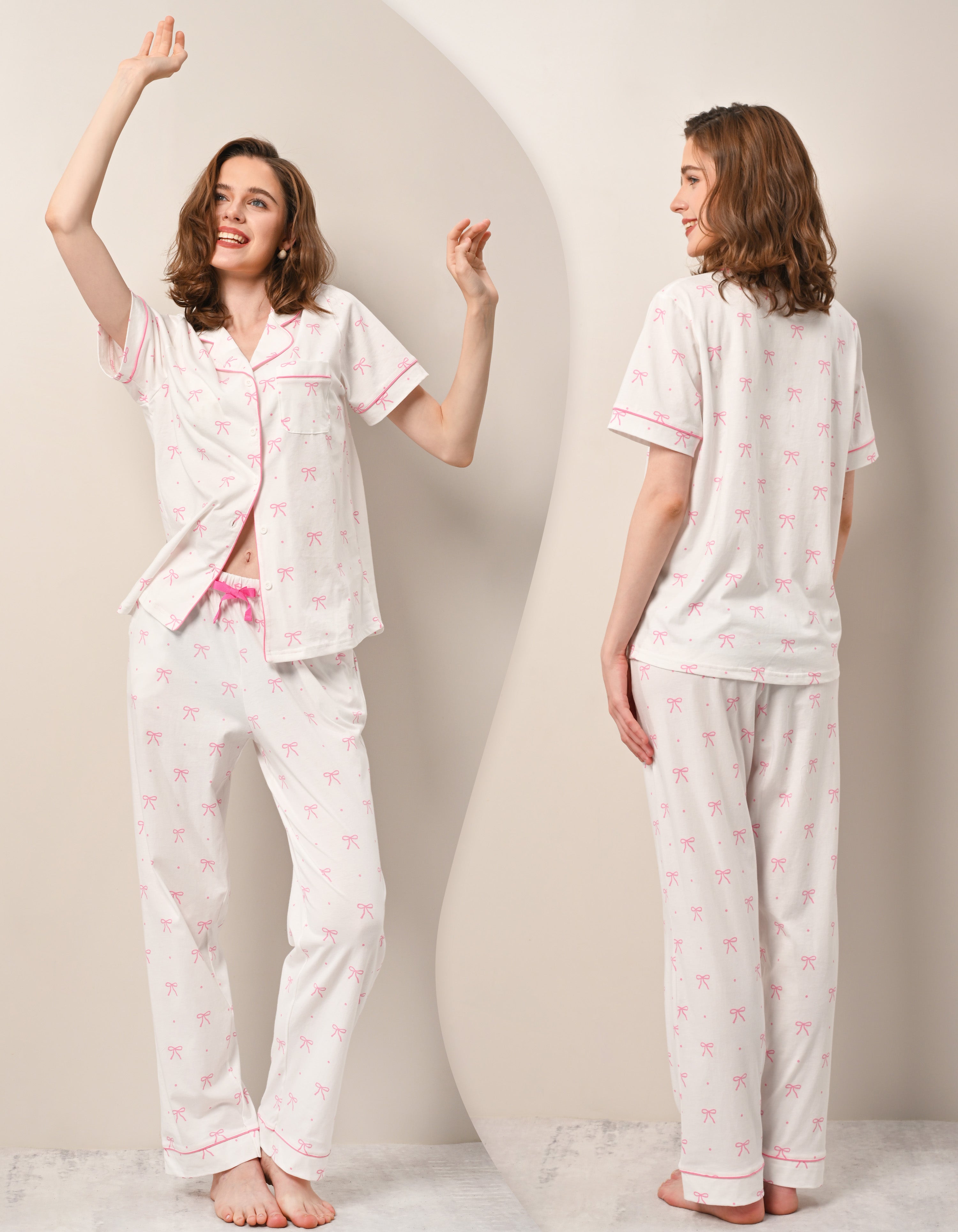 Front and back view of polka dot bow print pajama set for women