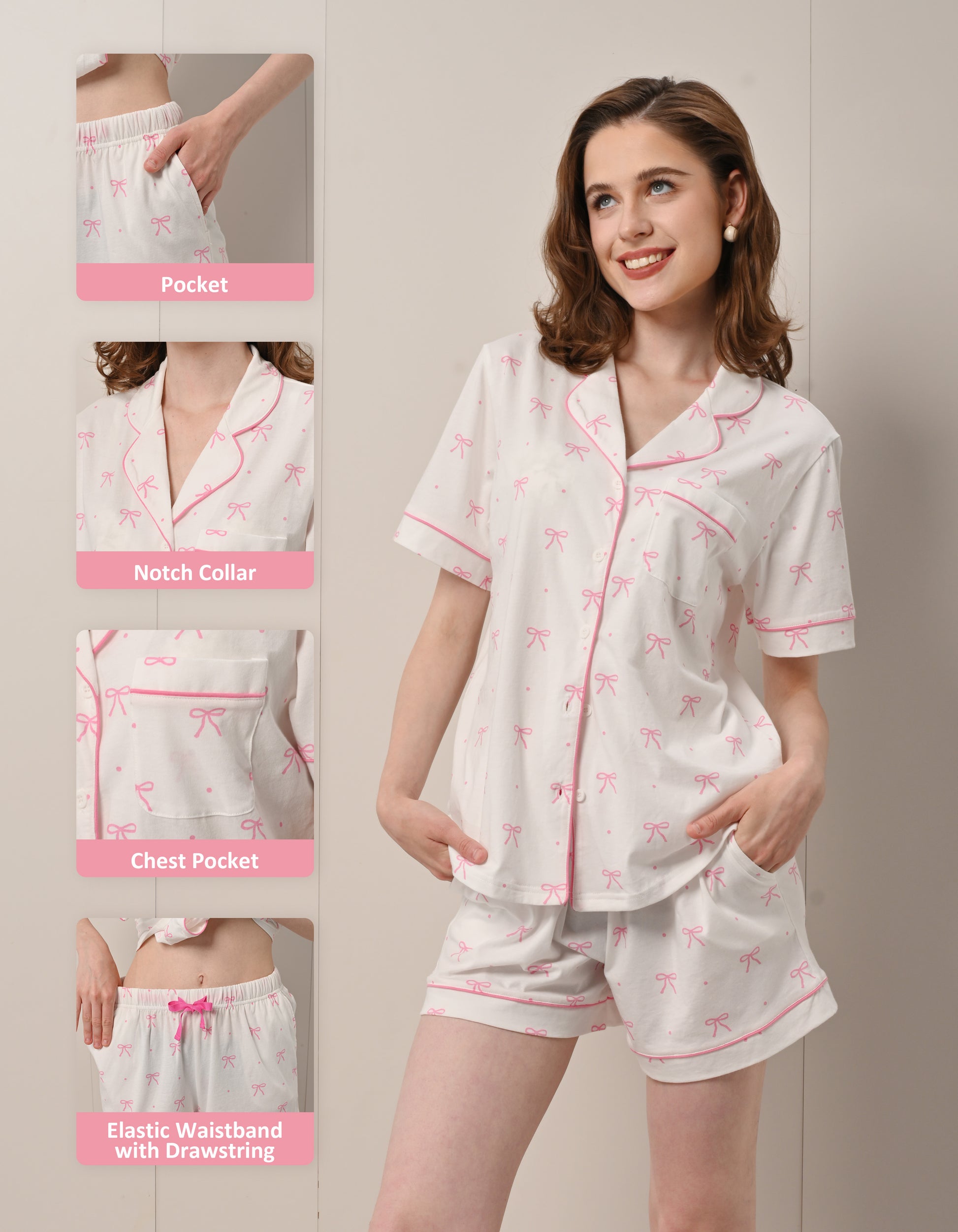 Design details of polka dot bow print pajamas including notch collar, chest pocket, and drawstring waistband