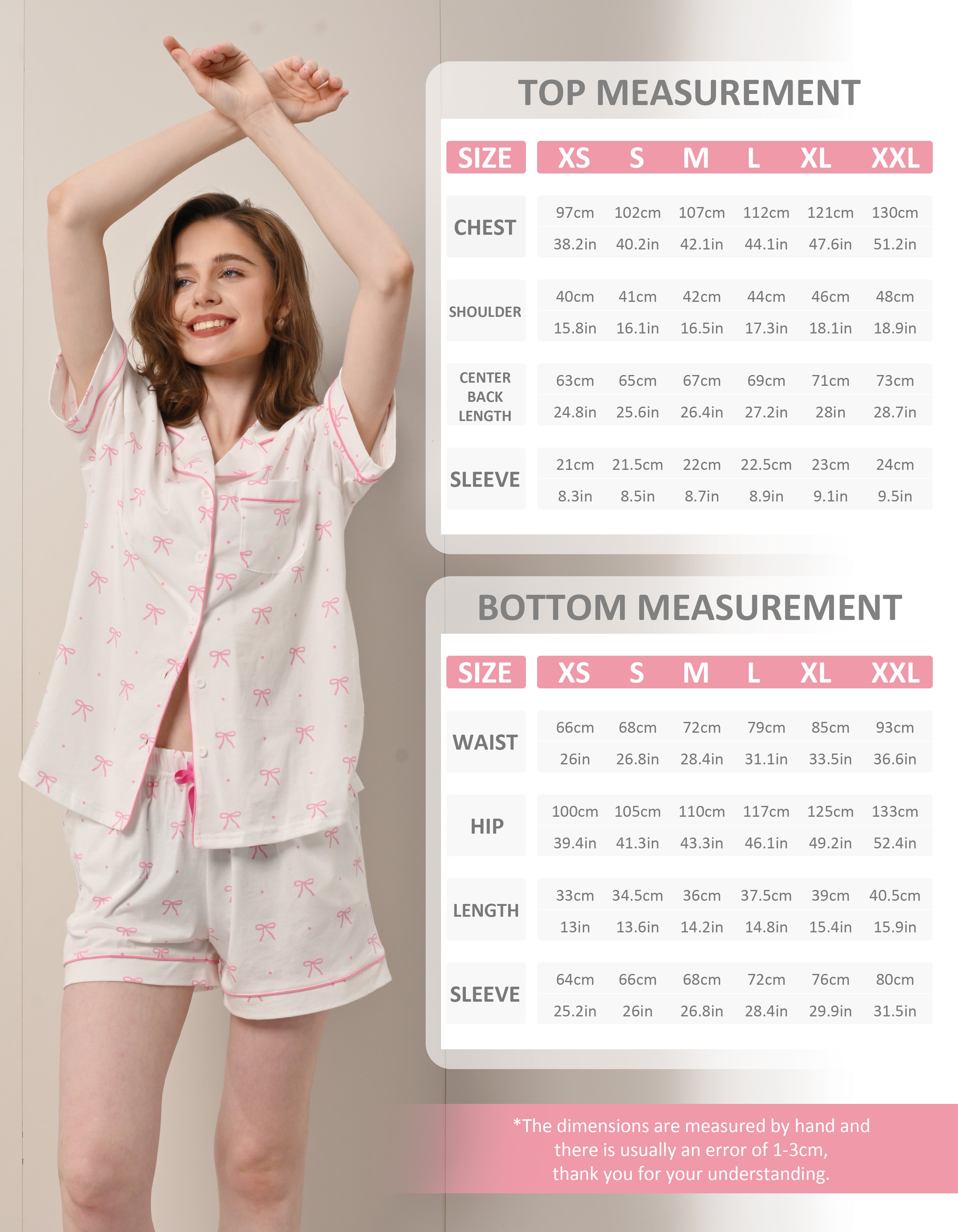 Size chart for women’s polka dot bow print knit cotton pajama set top and shorts