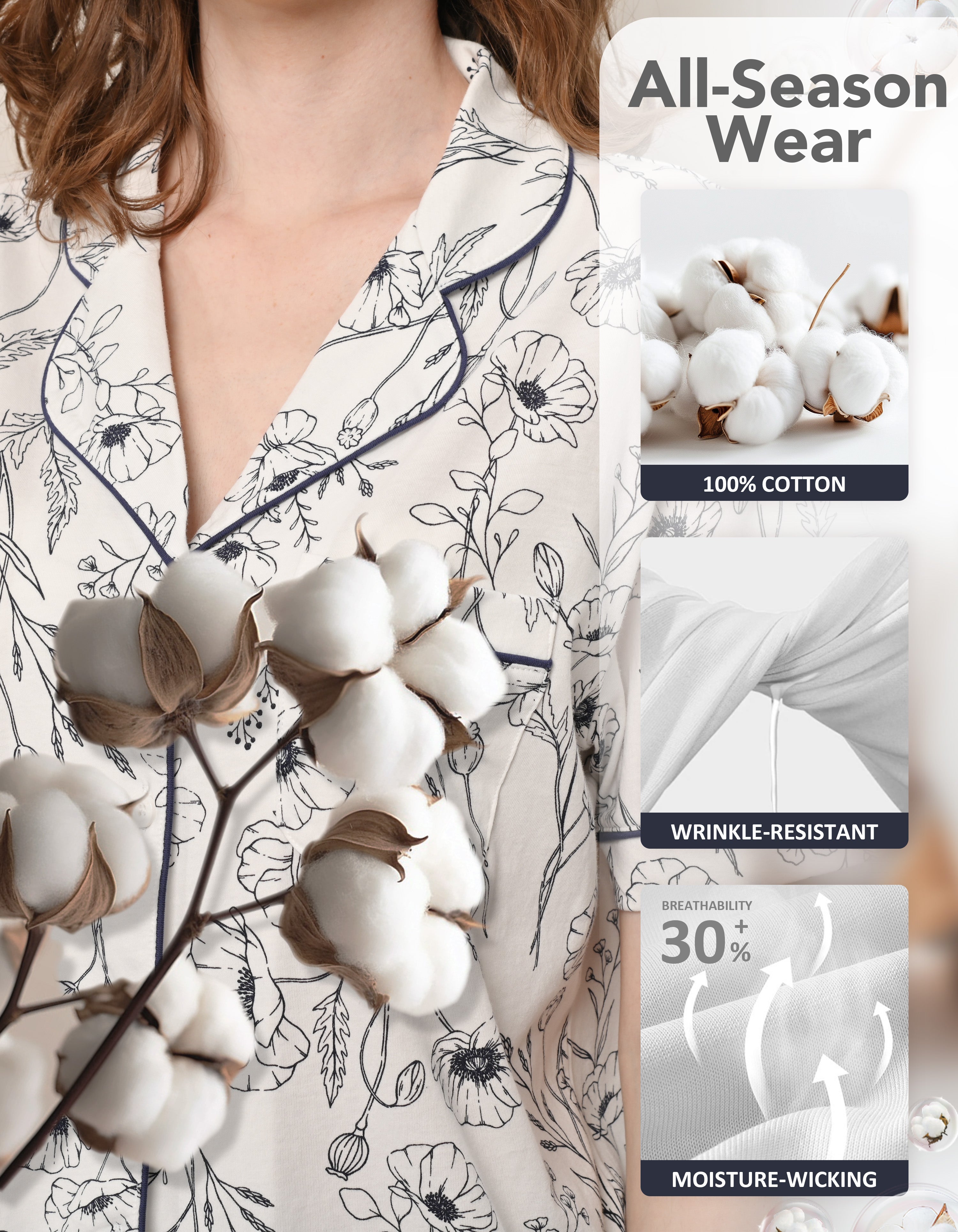 Close-up of line art poppy print knit cotton pajama fabric showing softness and breathability