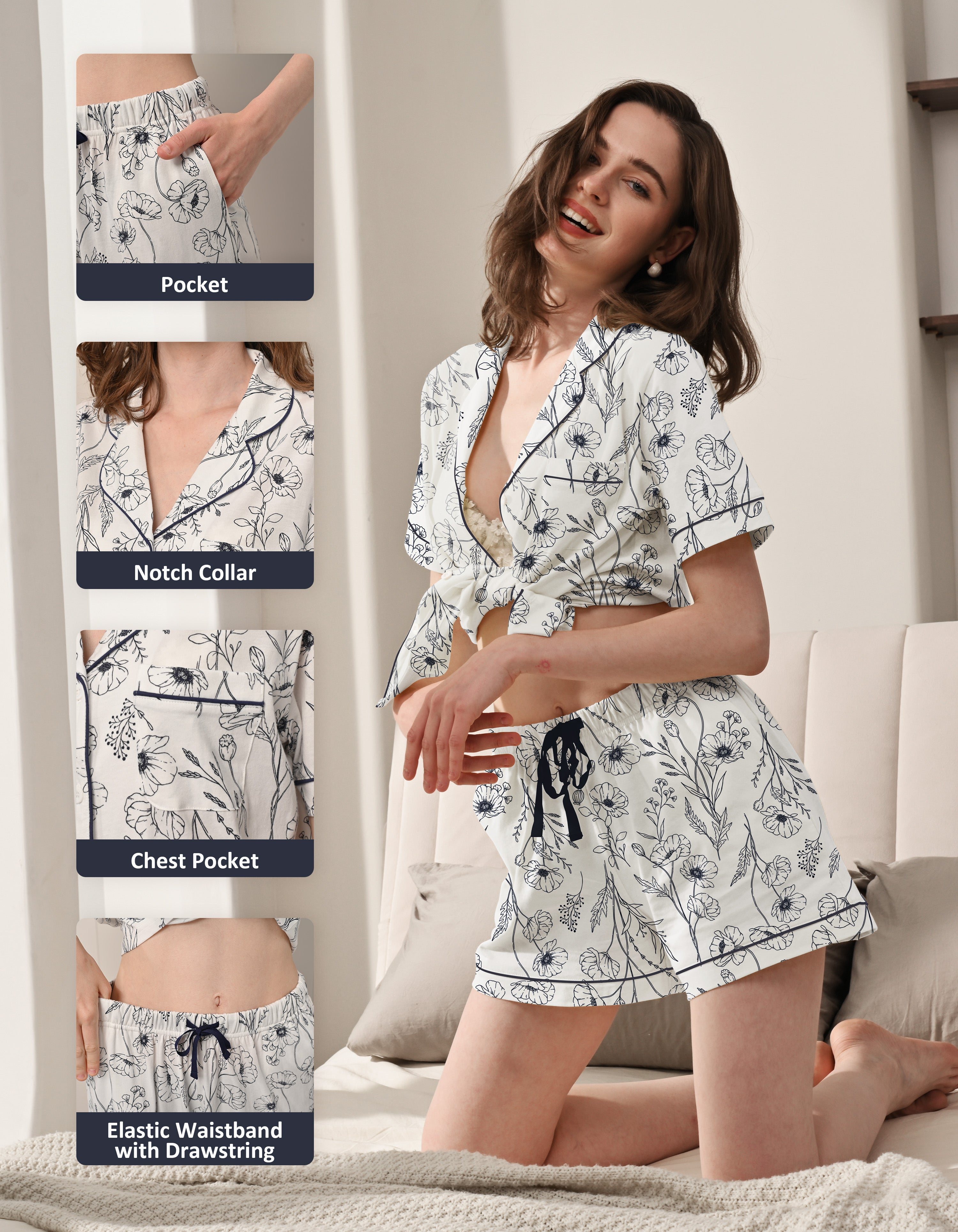 Design details of poppy print pajamas including notch collar, chest pocket, and drawstring waistband