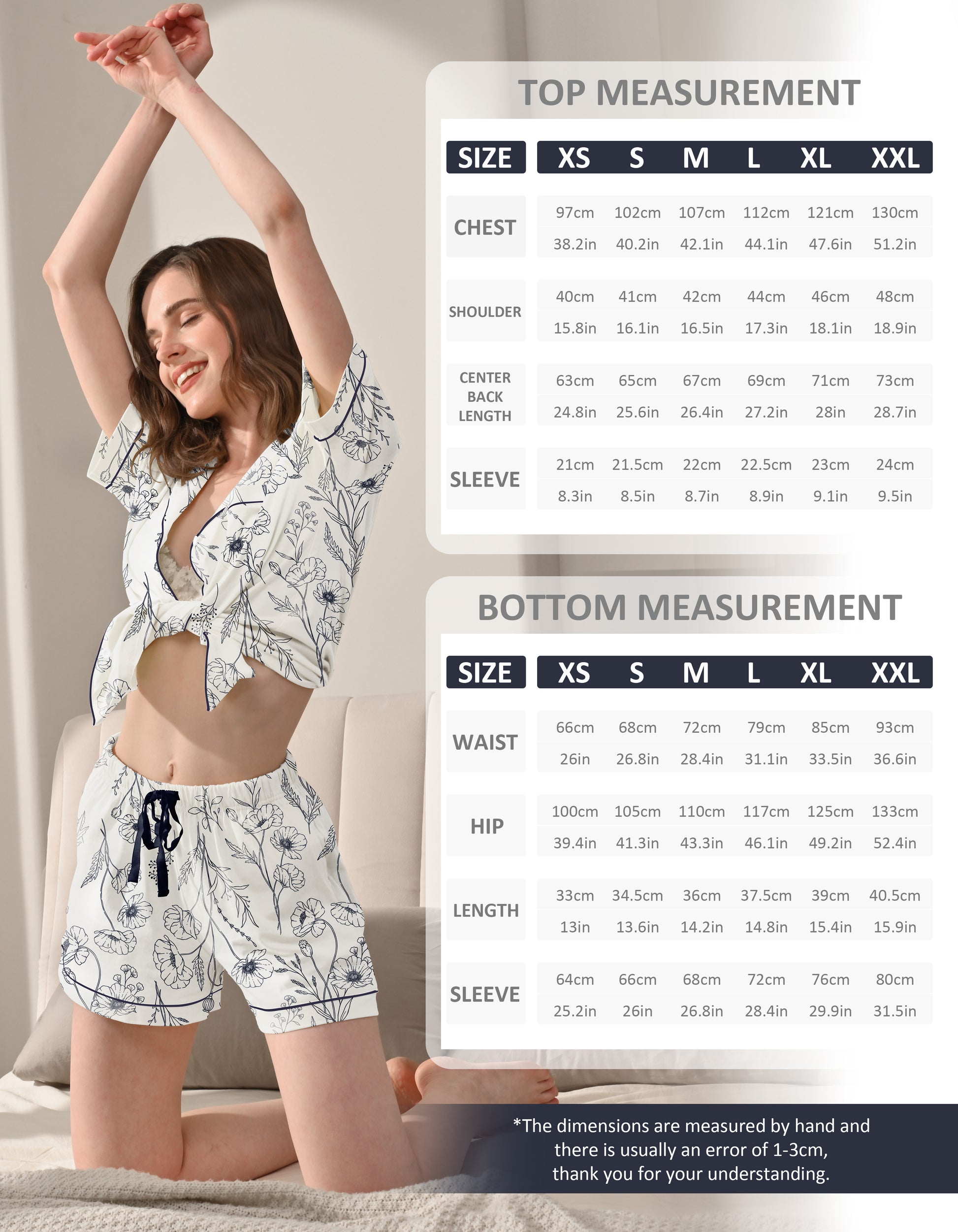 Size chart for women’s line art poppy print knit cotton pajama set top and shorts