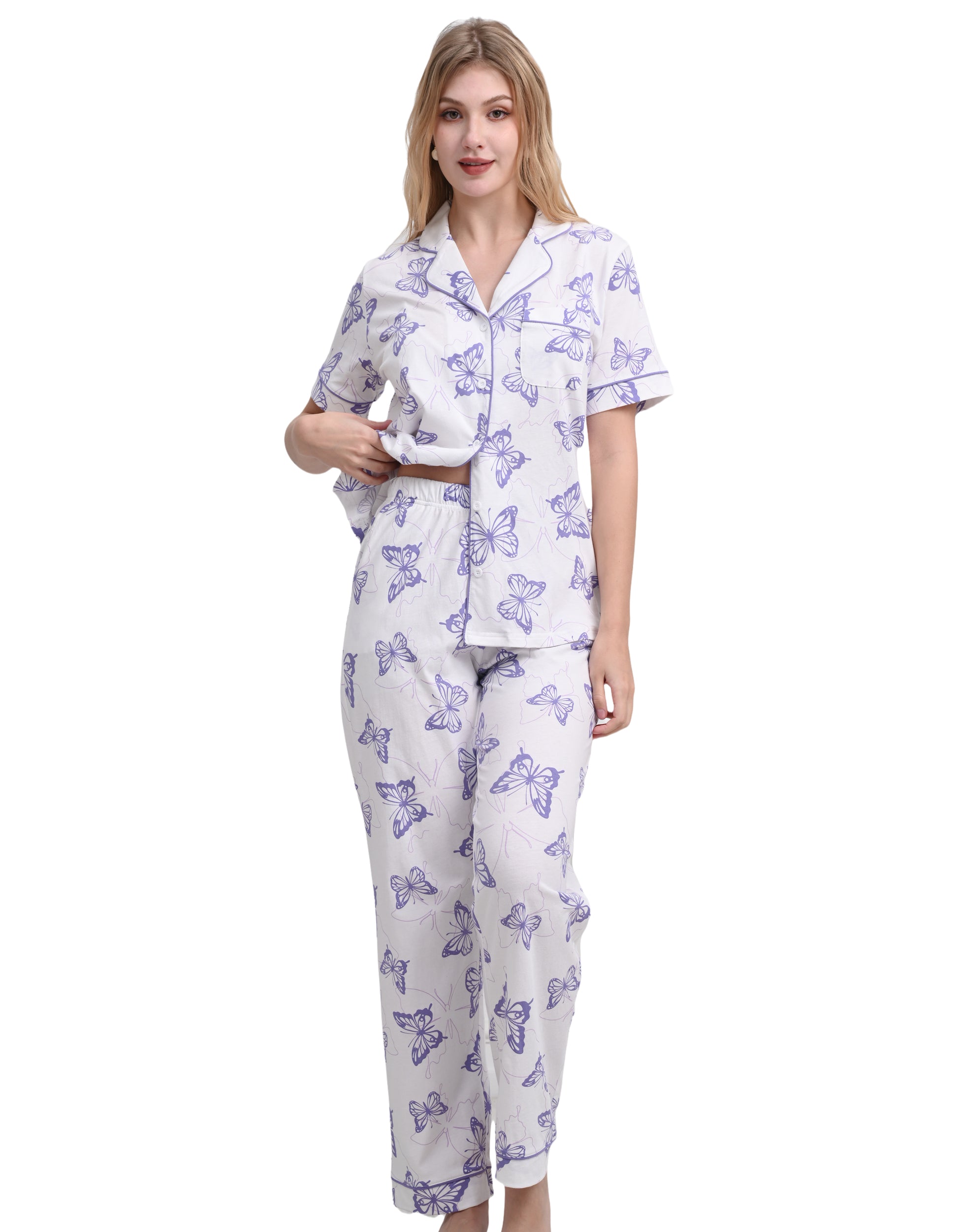 Women’s purple butterfly print cotton pajama set short sleeve front view