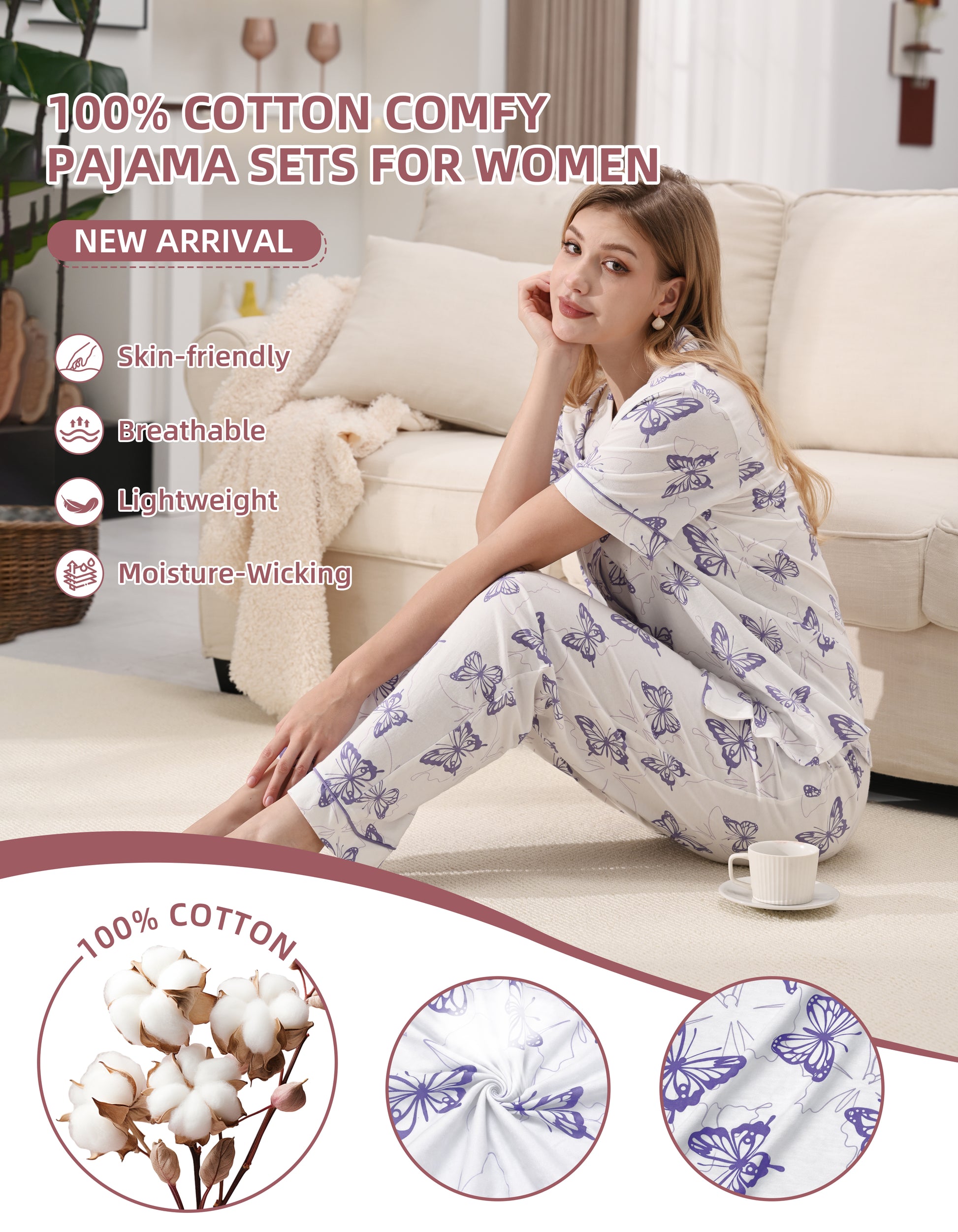 Close up of purple butterfly print 100 percent knit cotton fabric