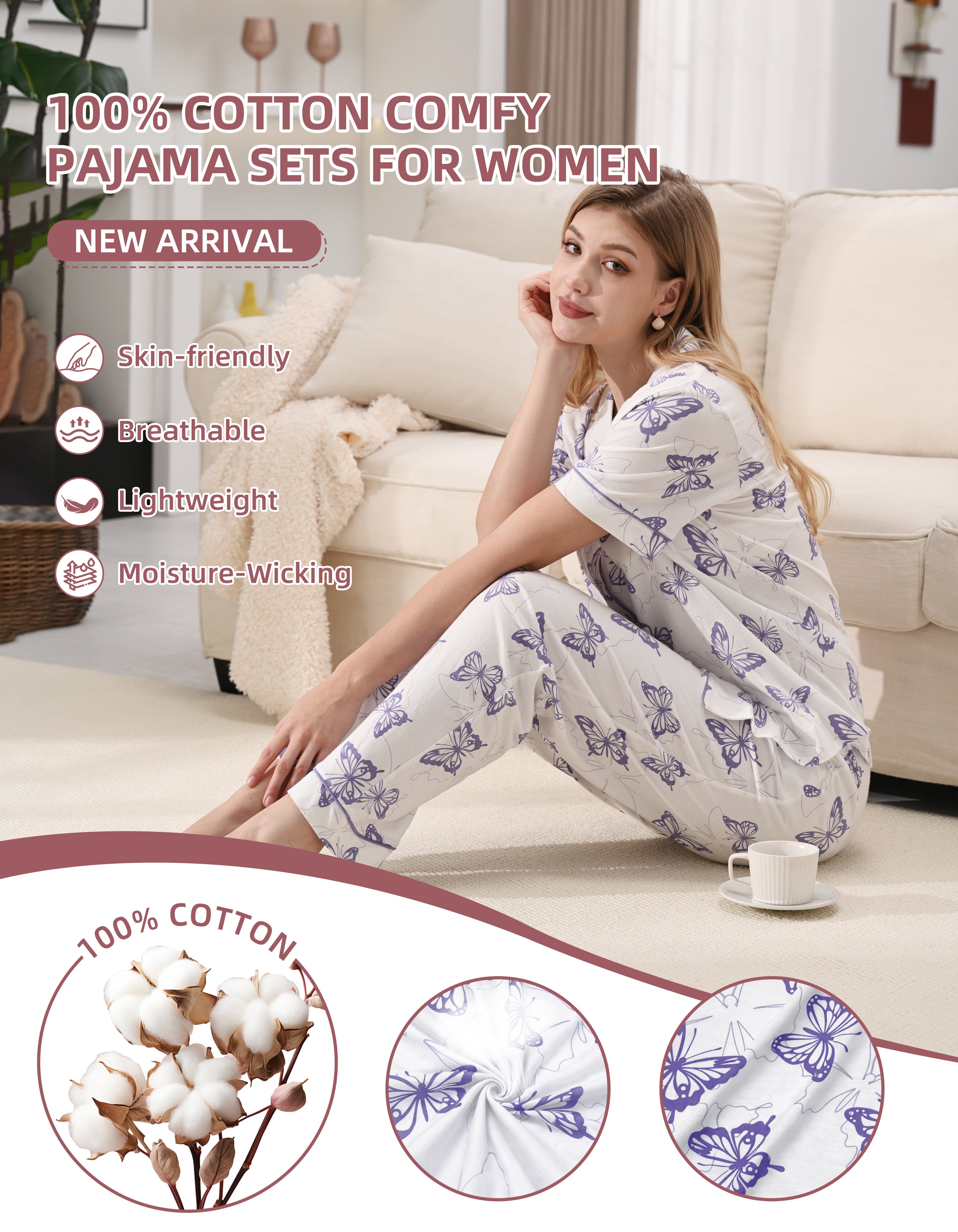 Close up of purple butterfly print 100 percent knit cotton fabric