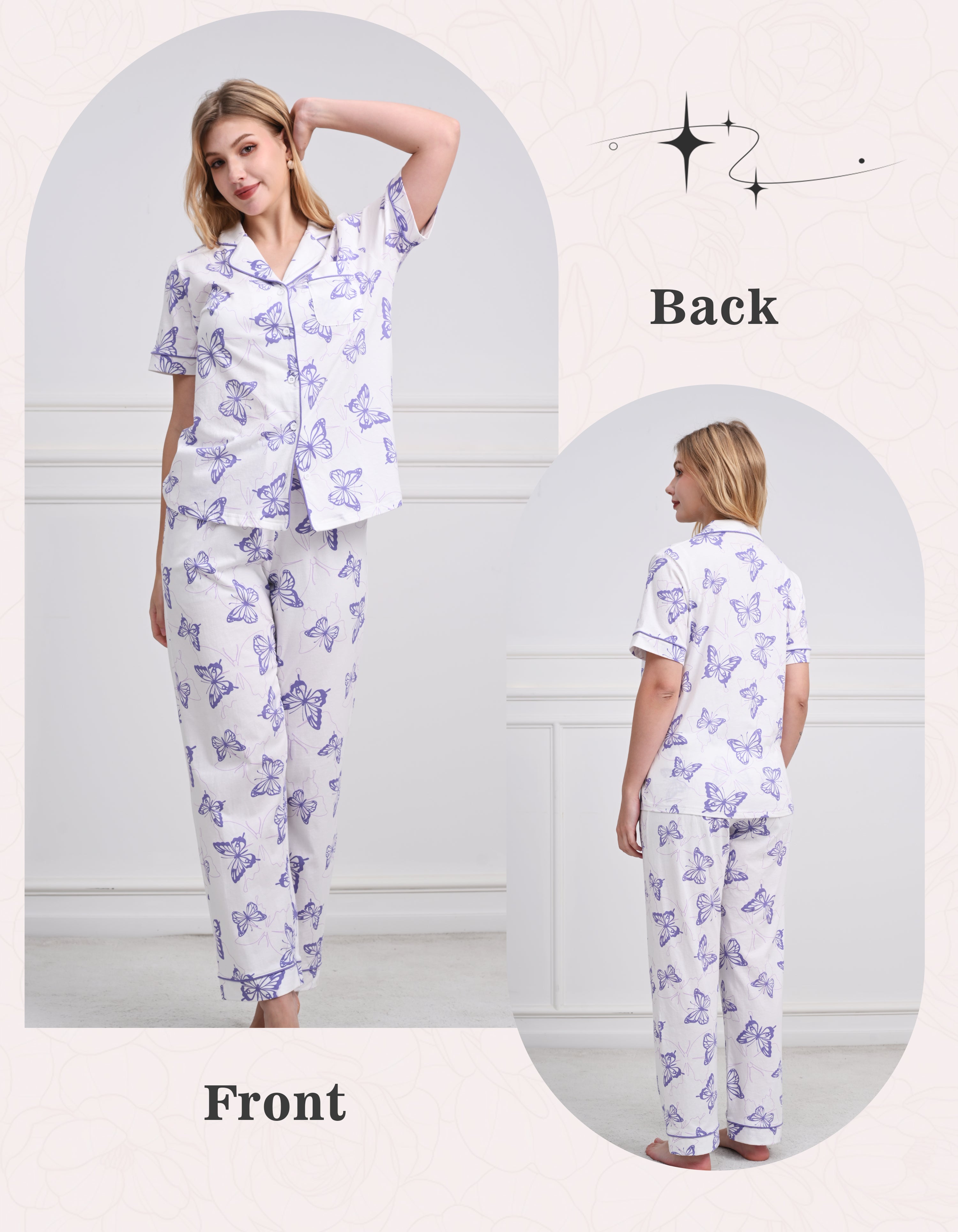 Front and back view of women purple butterfly short sleeve pajama set