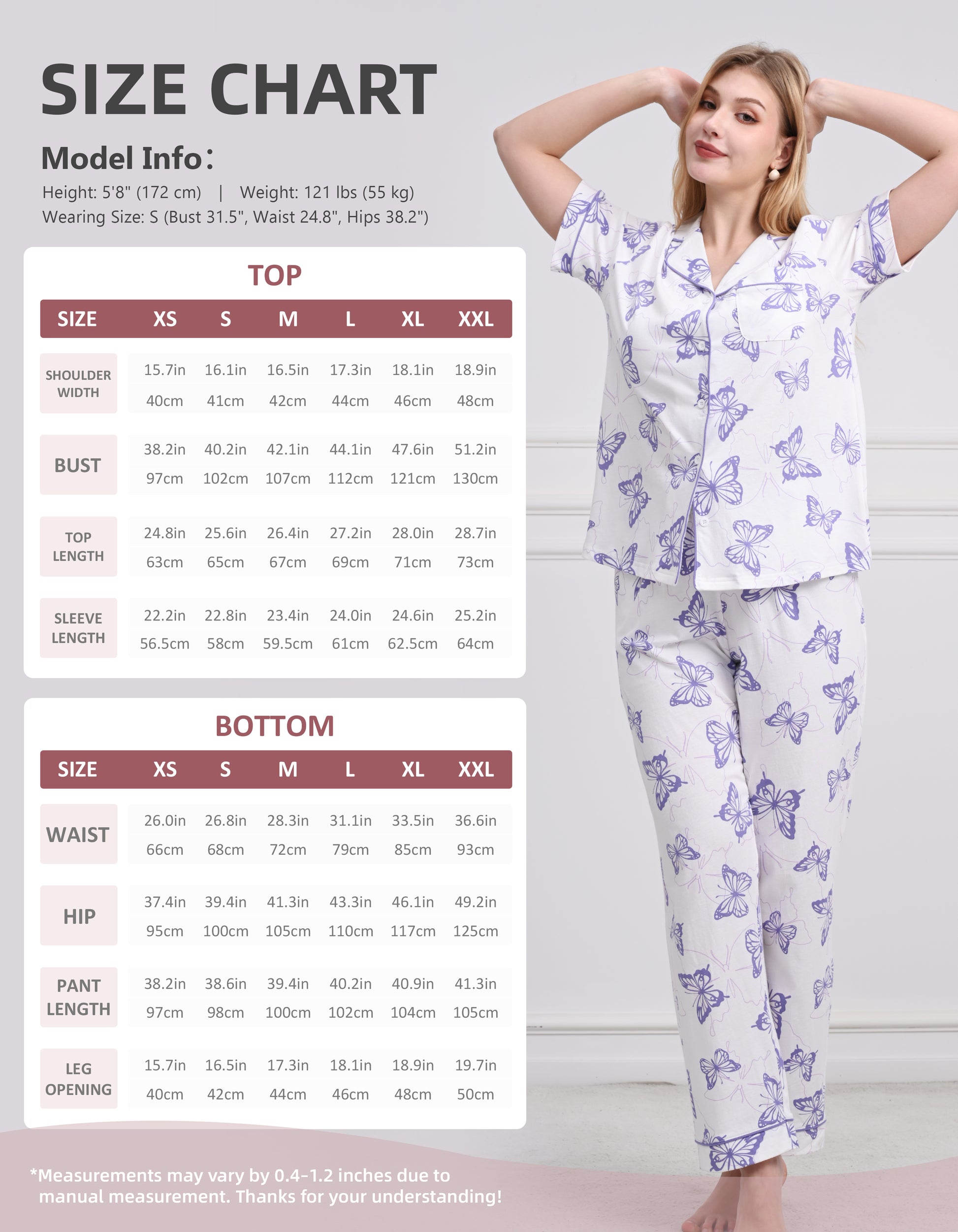 Size chart for women purple butterfly cotton pajama set