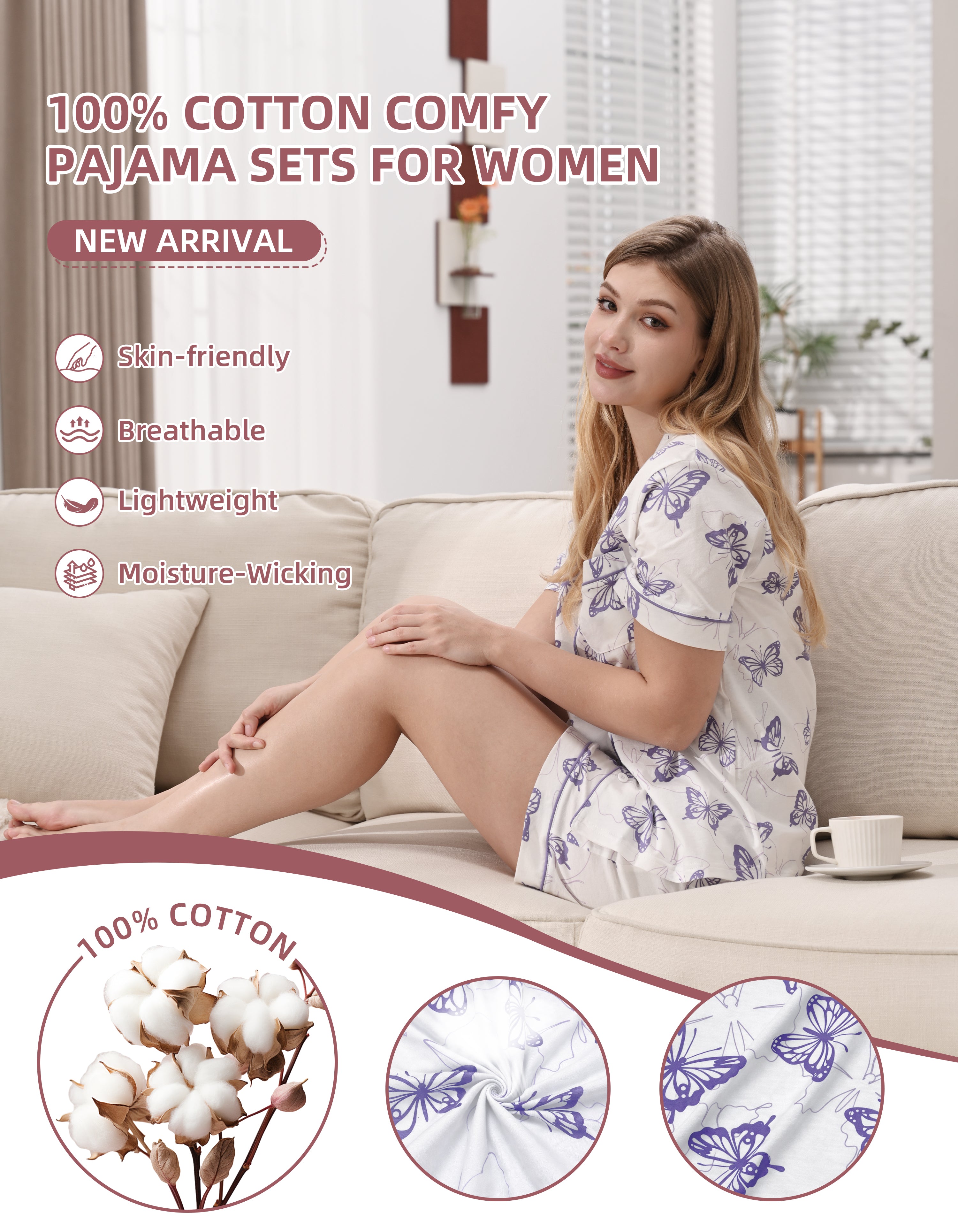 Close up of purple butterfly print 100 percent cotton pajama fabric