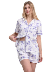 Women’s purple butterfly print cotton pajama set short sleeve front view