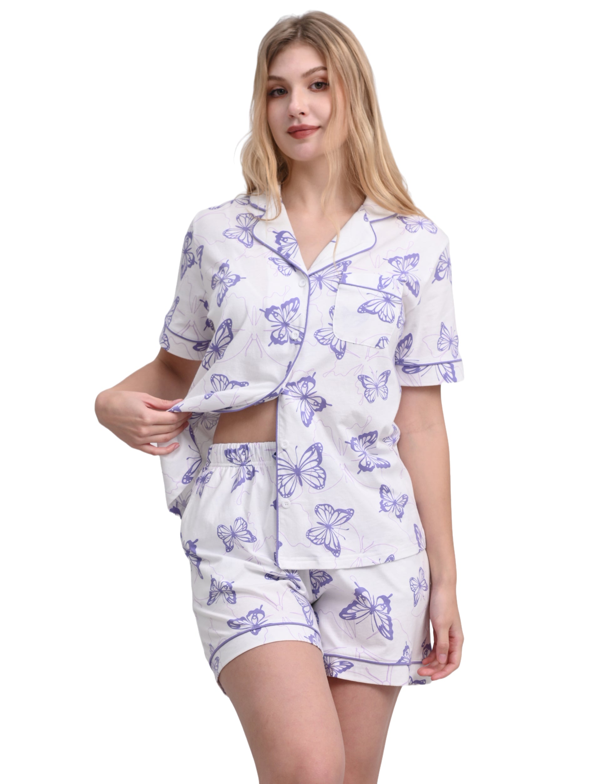 Women’s purple butterfly print cotton pajama set short sleeve front view