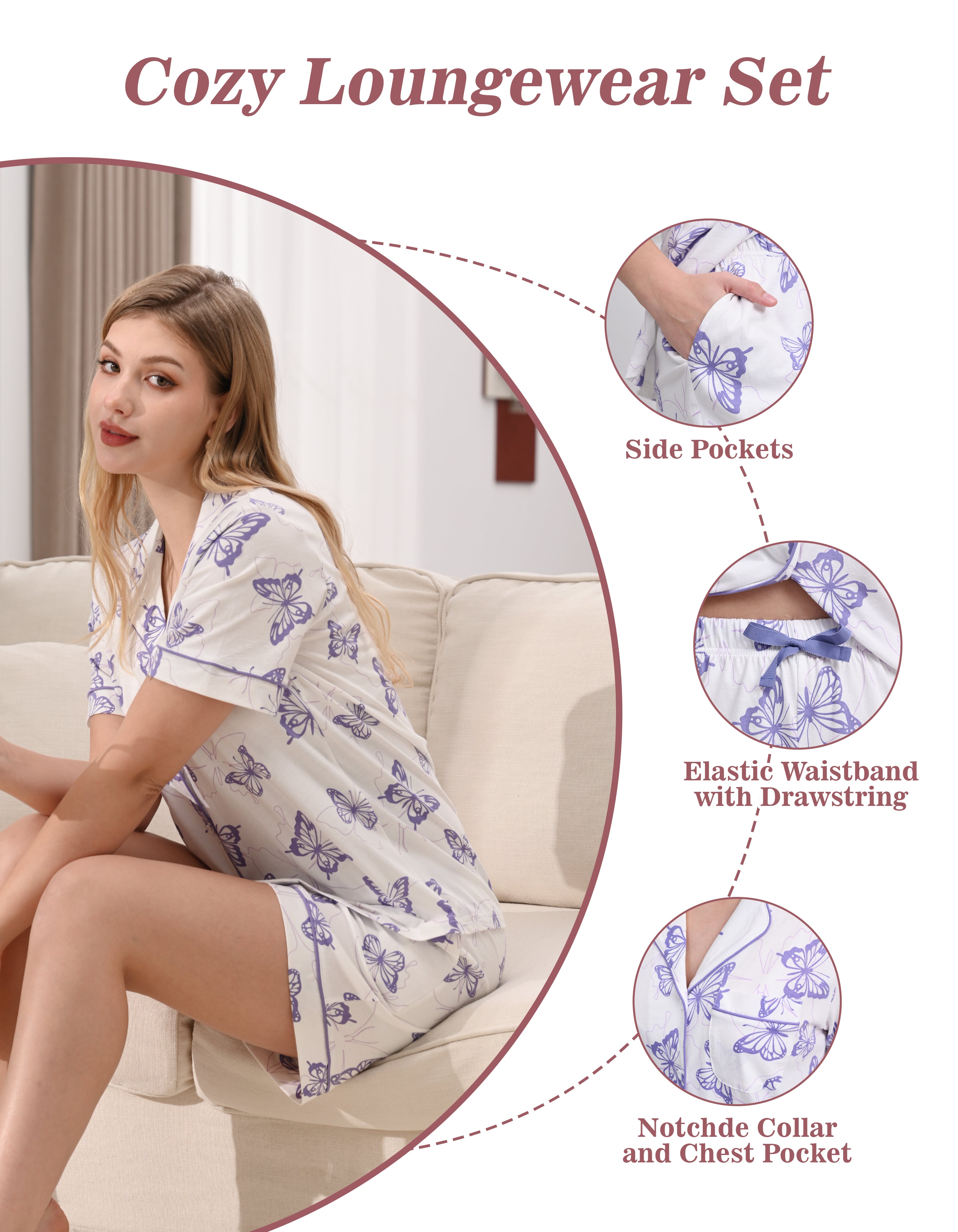 Purple butterfly print pajamas with notched collar and drawstring waistband