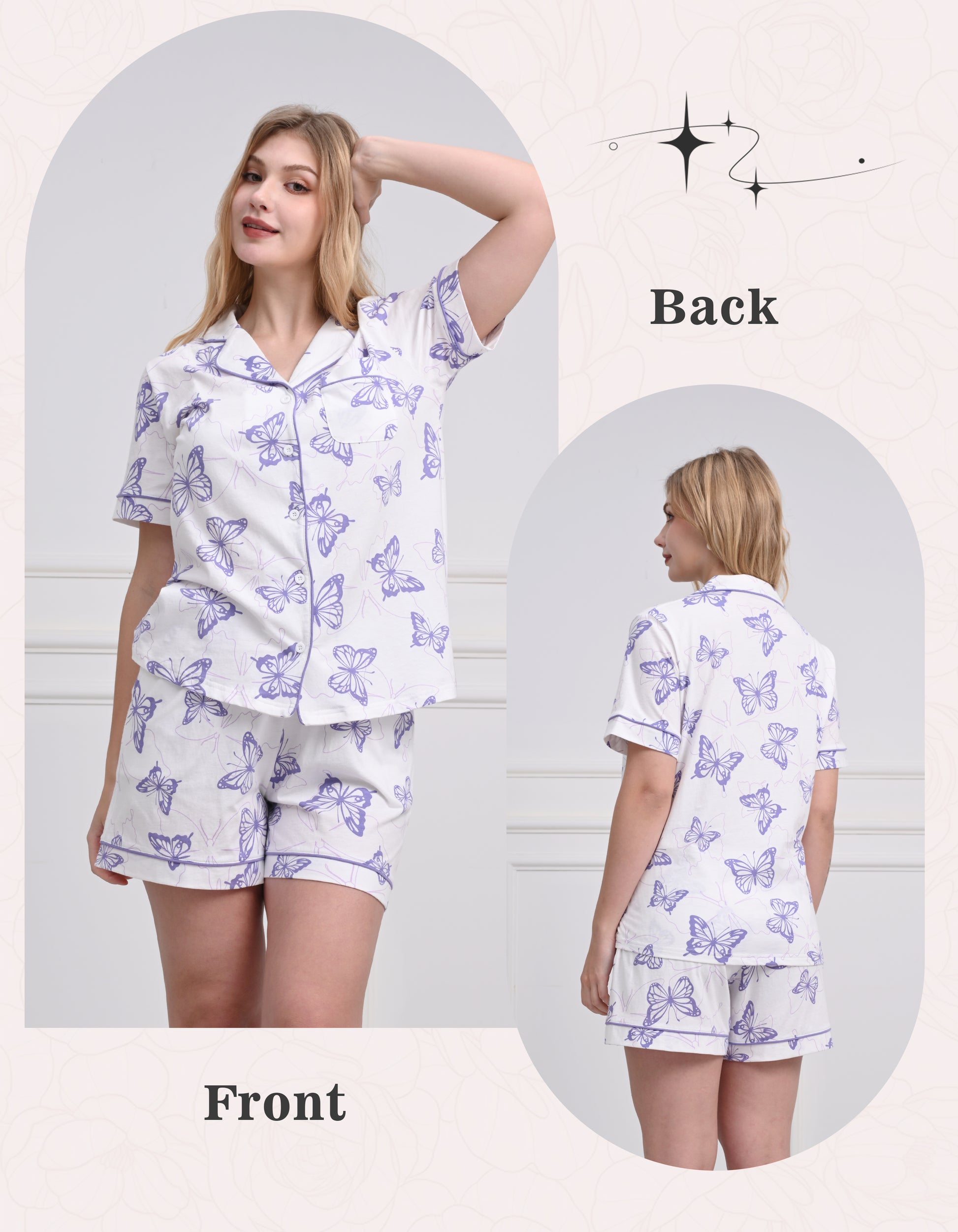 Front and back view of women purple butterfly print pajama set