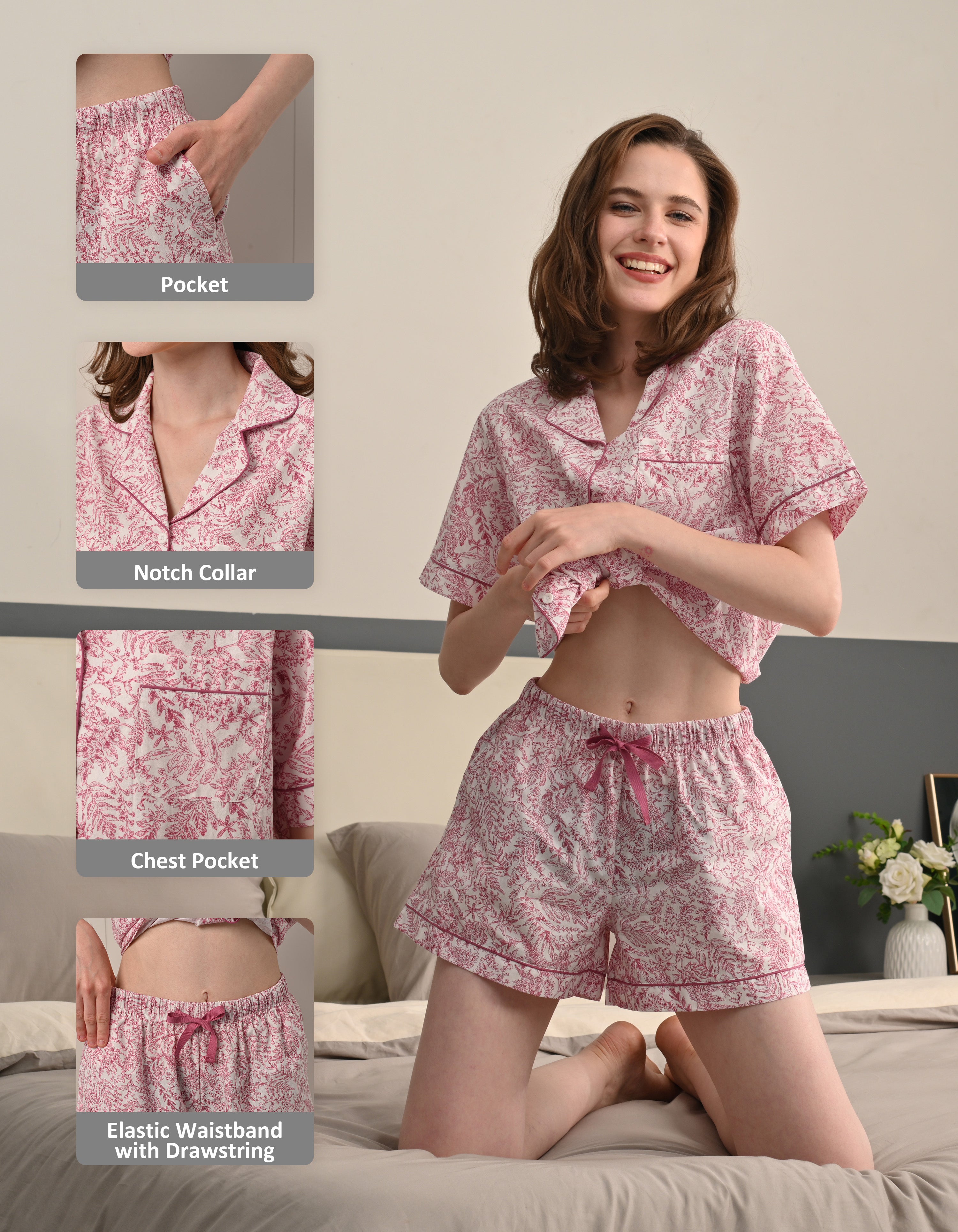 red botanical pajama details notch collar chest pocket elastic waistband drawstring