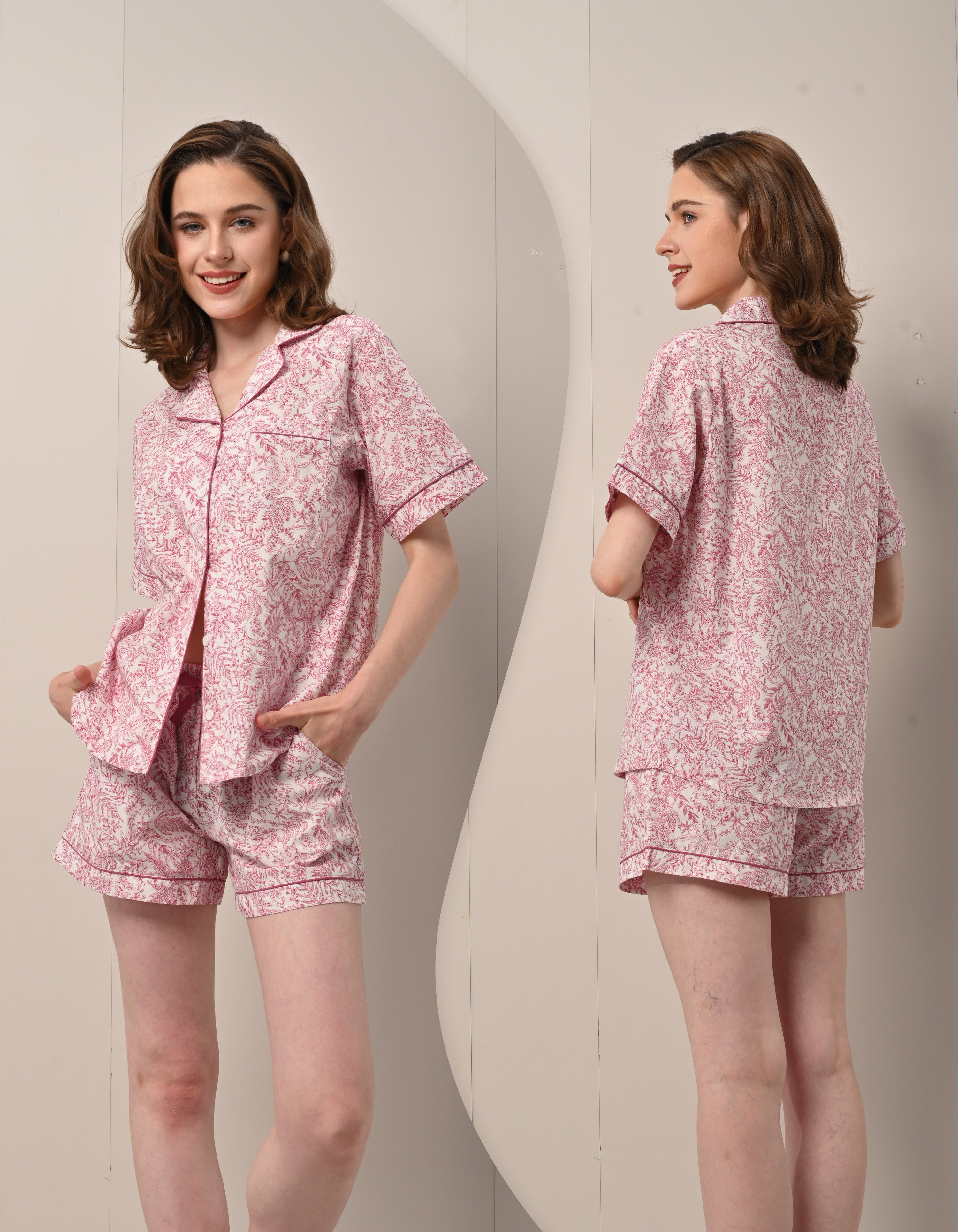 red botanical pajama set front and back view