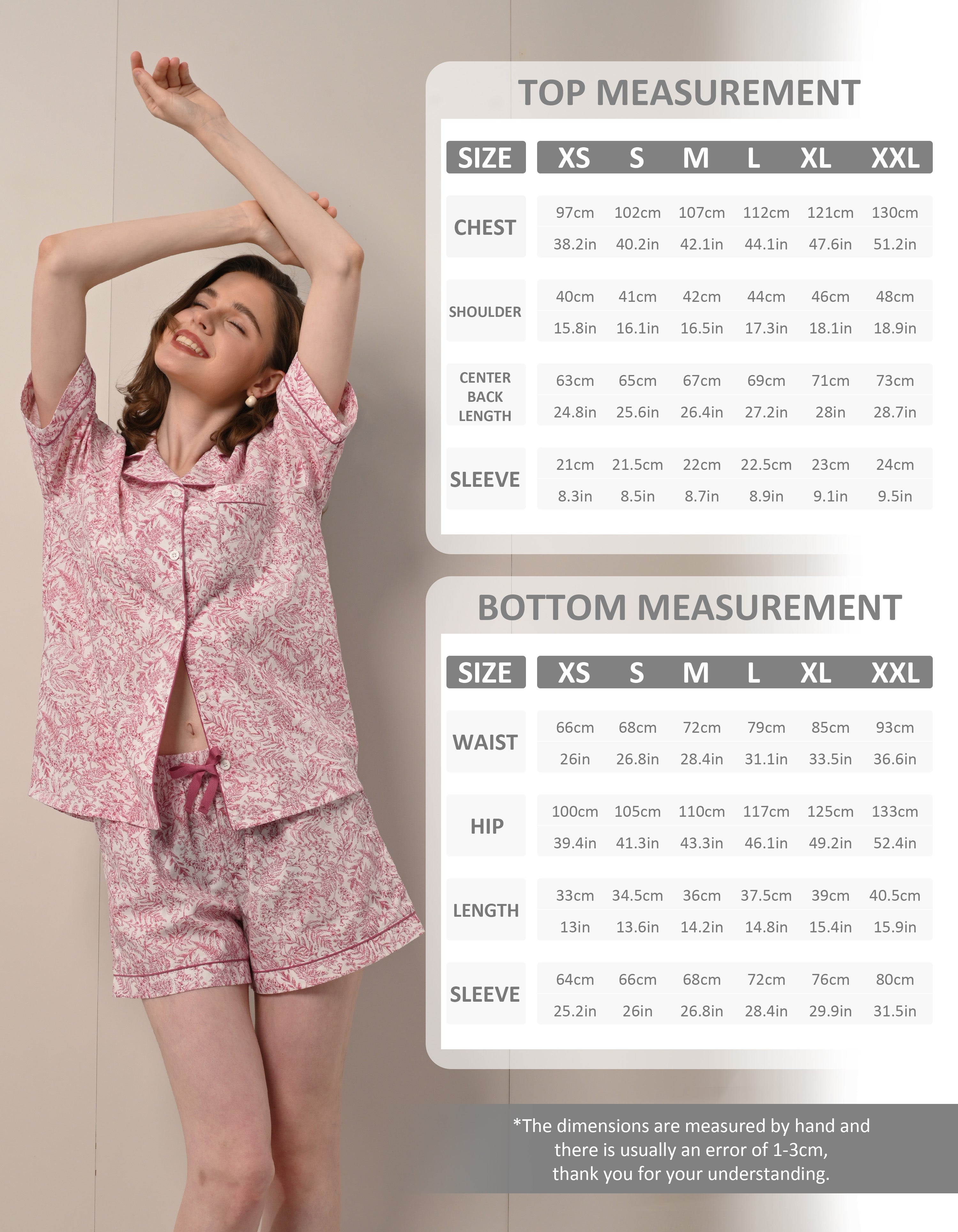 women red botanical pajama set size chart top and shorts
