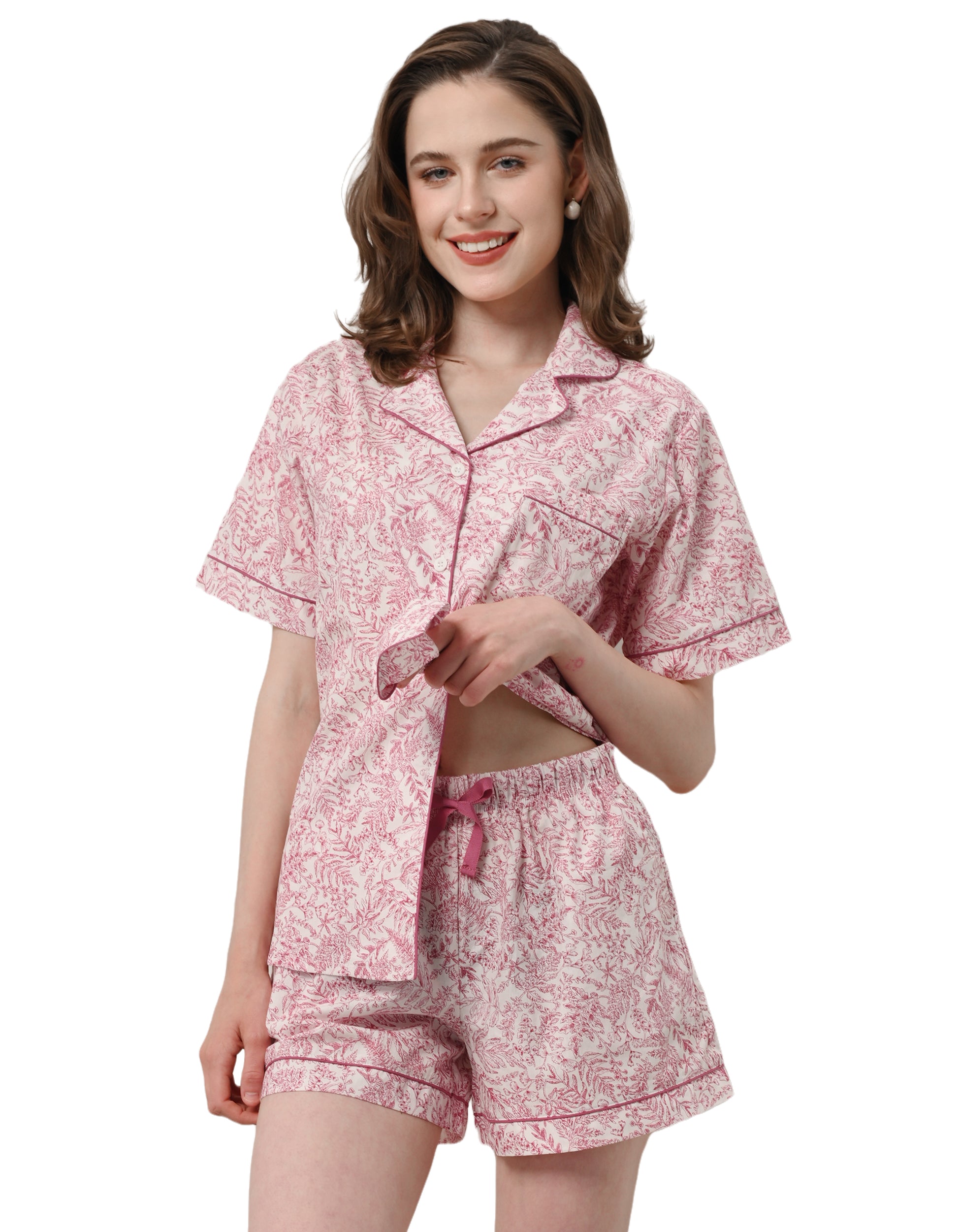 women red botanical woven cotton pajama set front view white background
