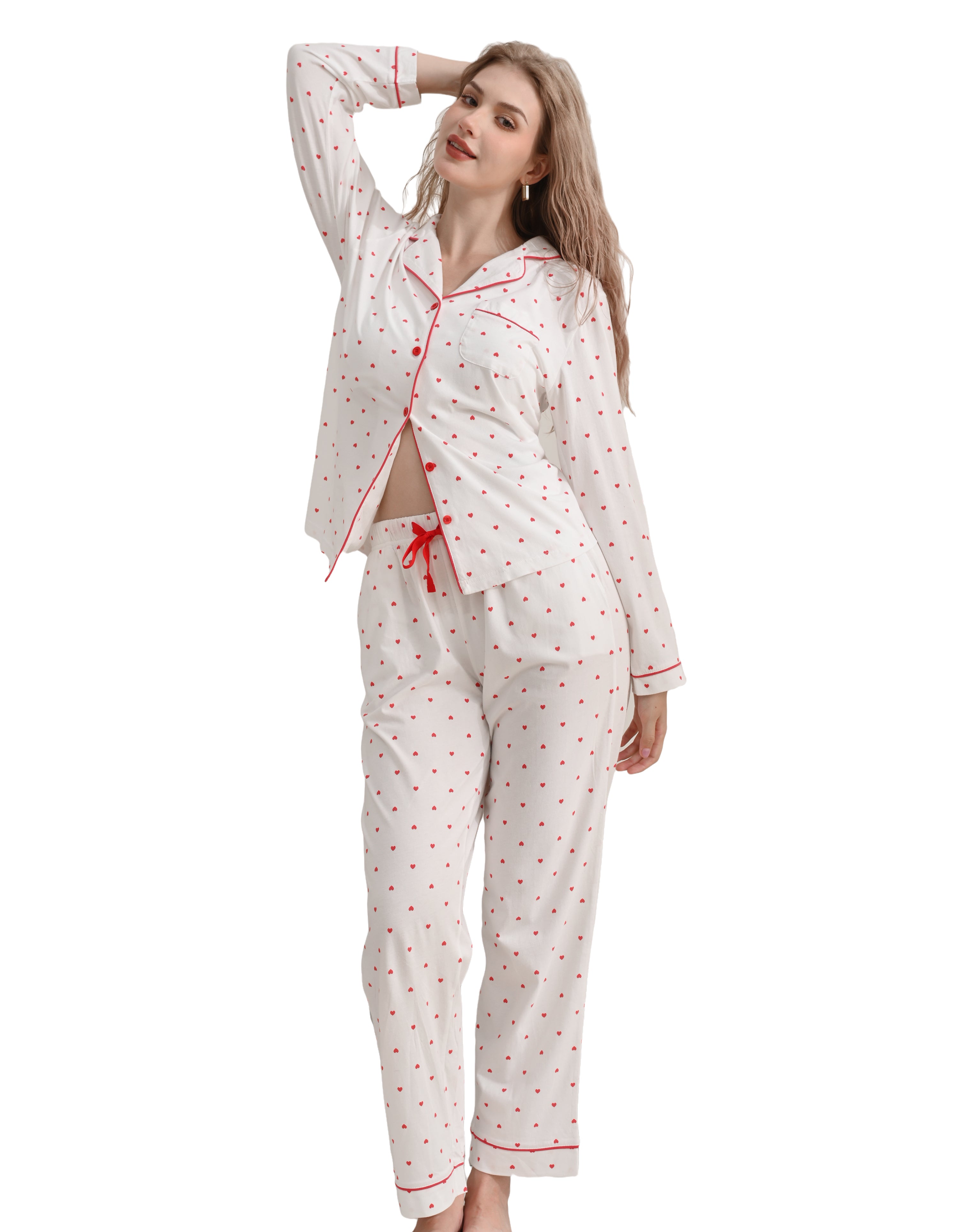 Red heart print women’s knit cotton pajama set front view on white background