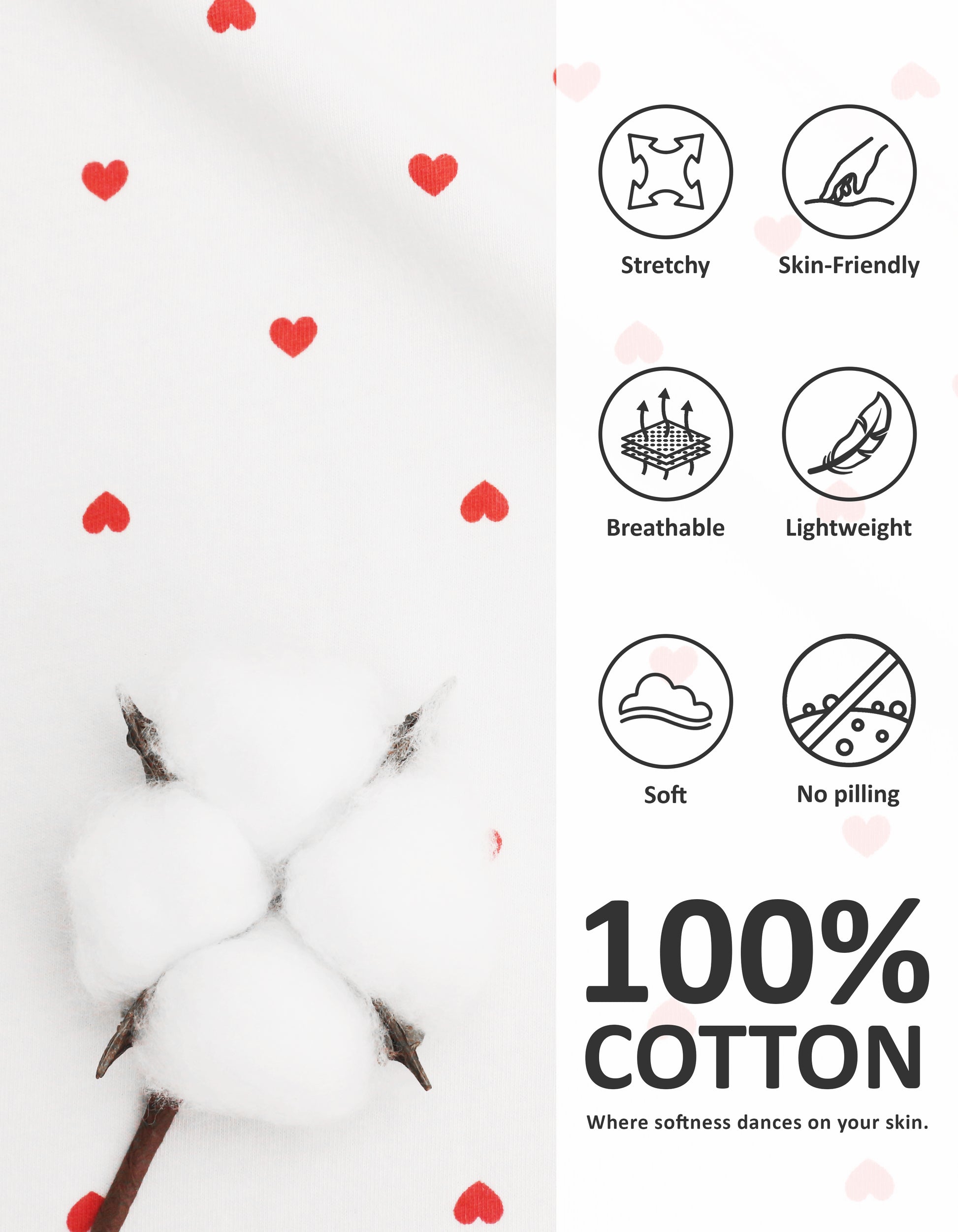 Close-up of red heart knit cotton pajama fabric showing softness and breathability