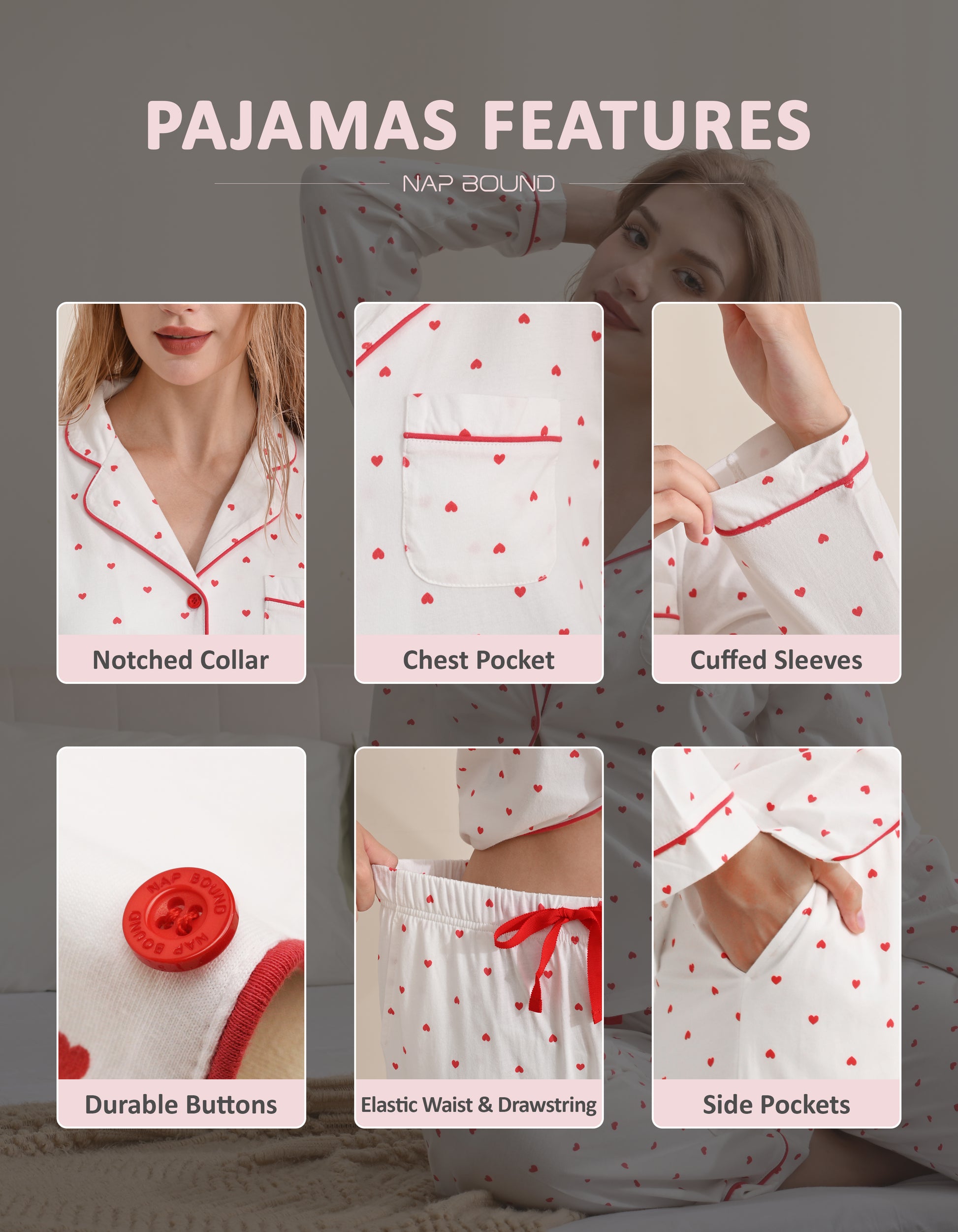 Design details of red heart pajamas including notched collar, chest pocket, cuffed sleeves, buttons, drawstring waist, and side pockets