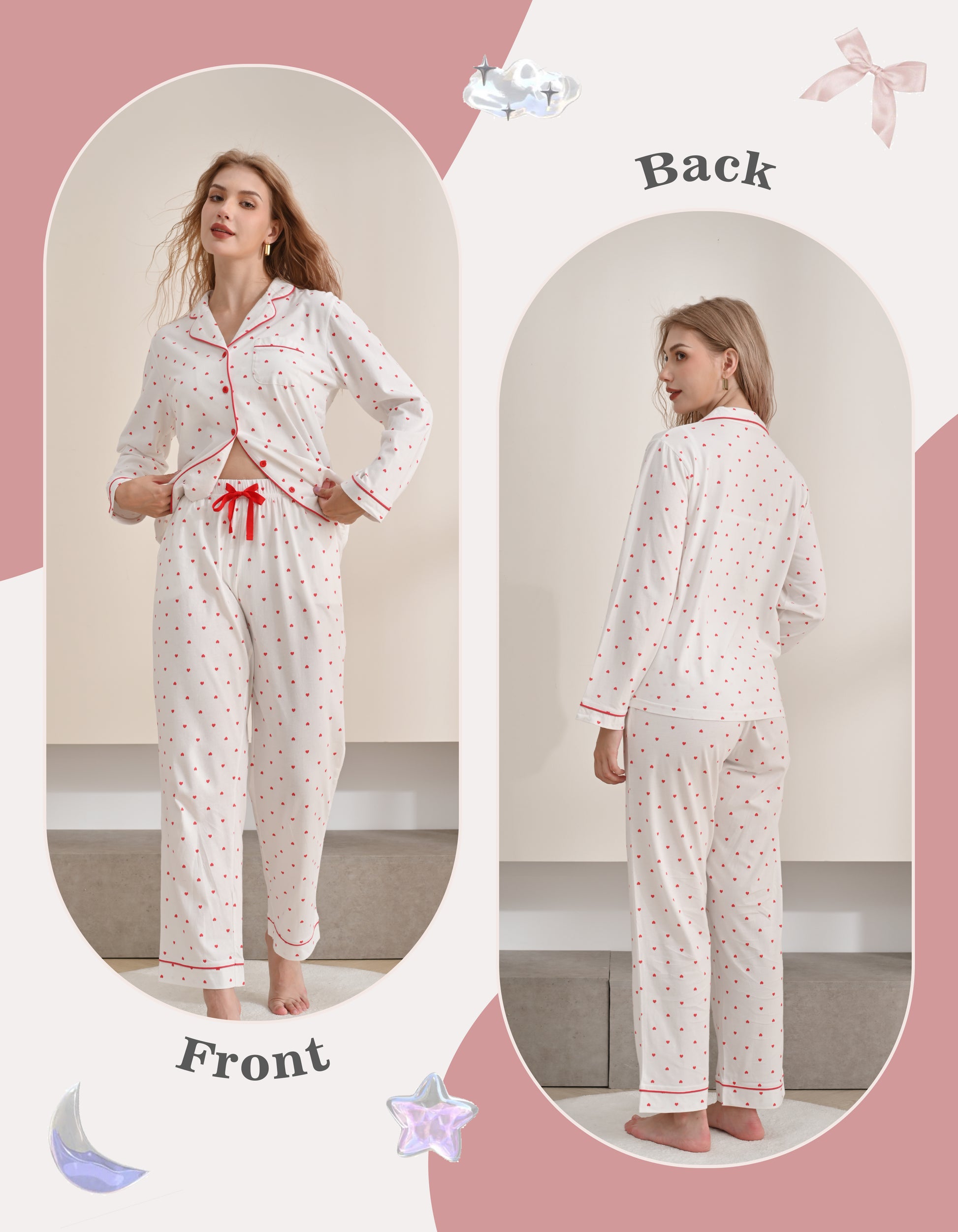 Front and back view comparison of red heart women’s knit cotton pajama set