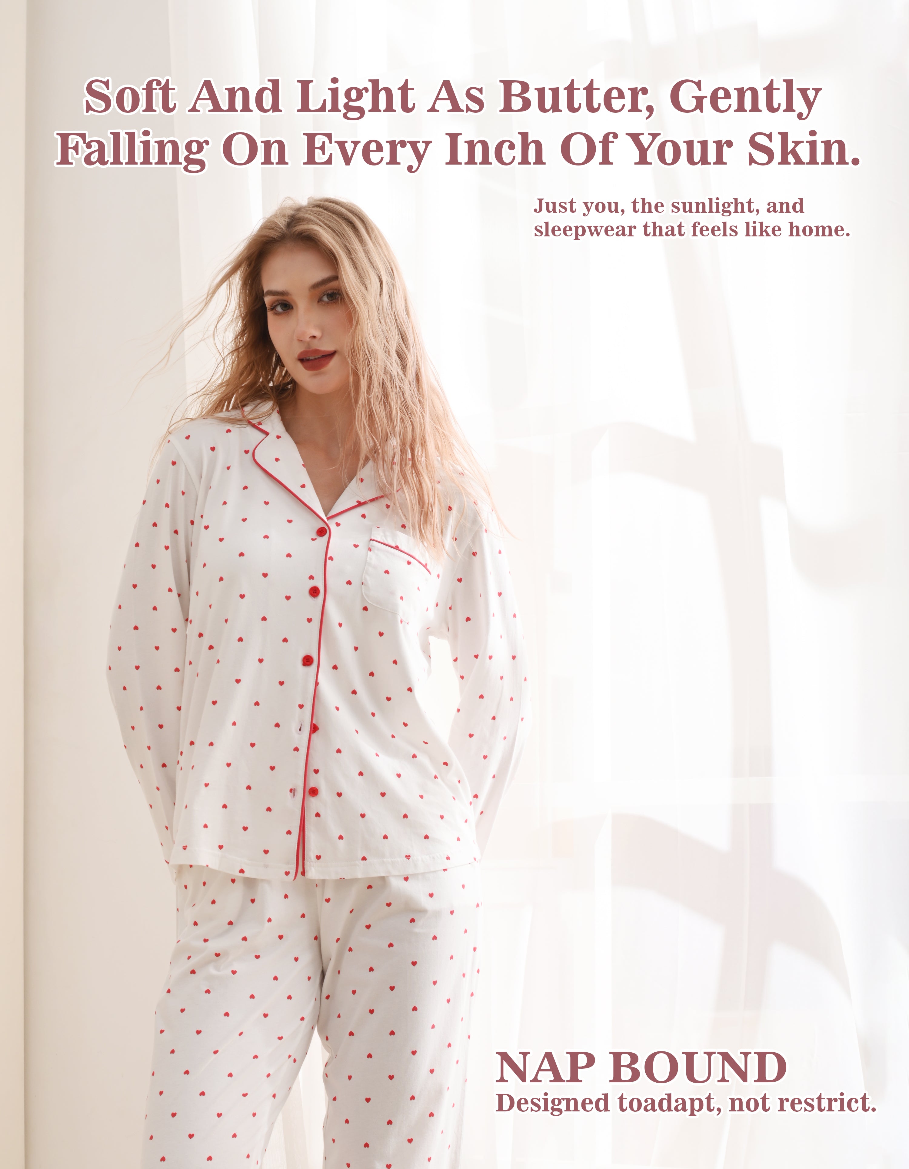 Woman wearing red heart knit cotton pajamas in soft daylight home scene