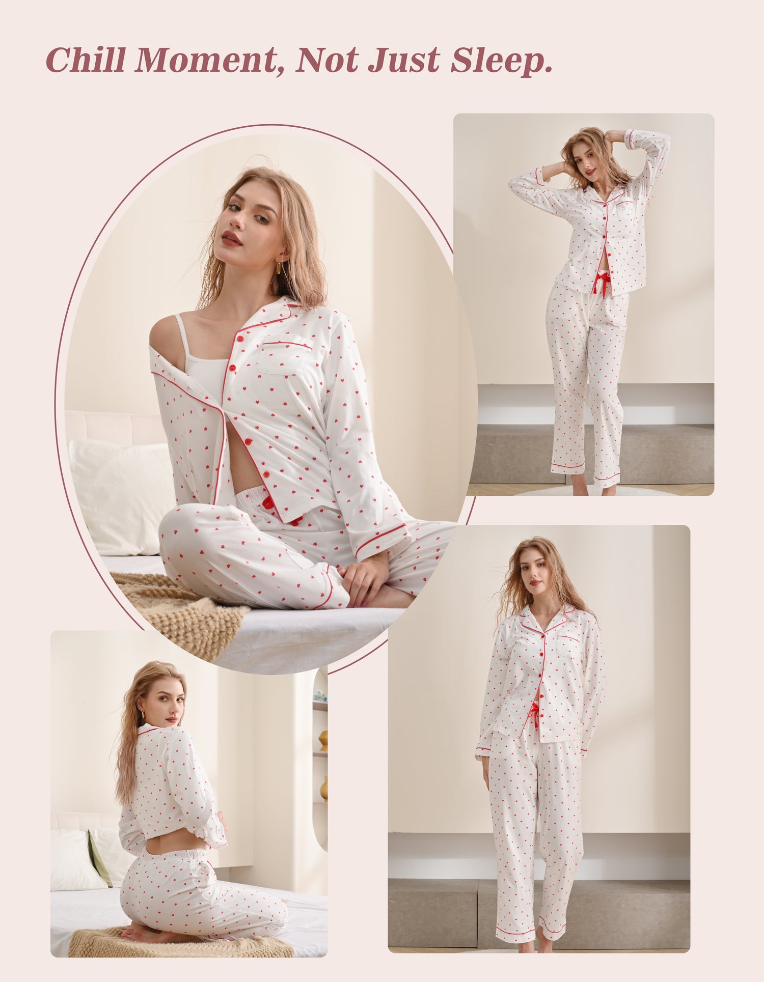 Model wearing red heart knit cotton pajamas in cozy home and relaxing scenes