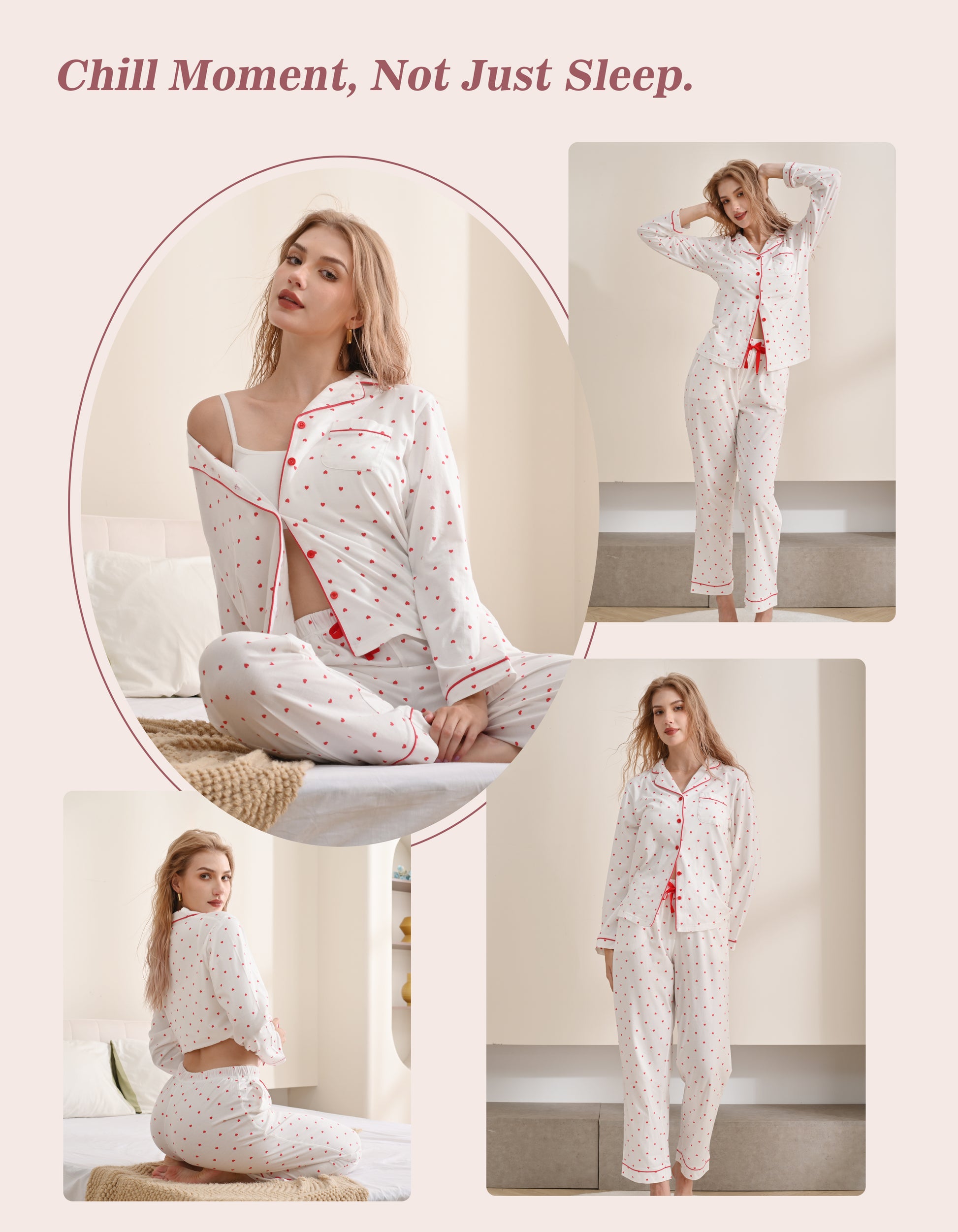 Model wearing red heart knit cotton pajamas in cozy home and relaxing scenes