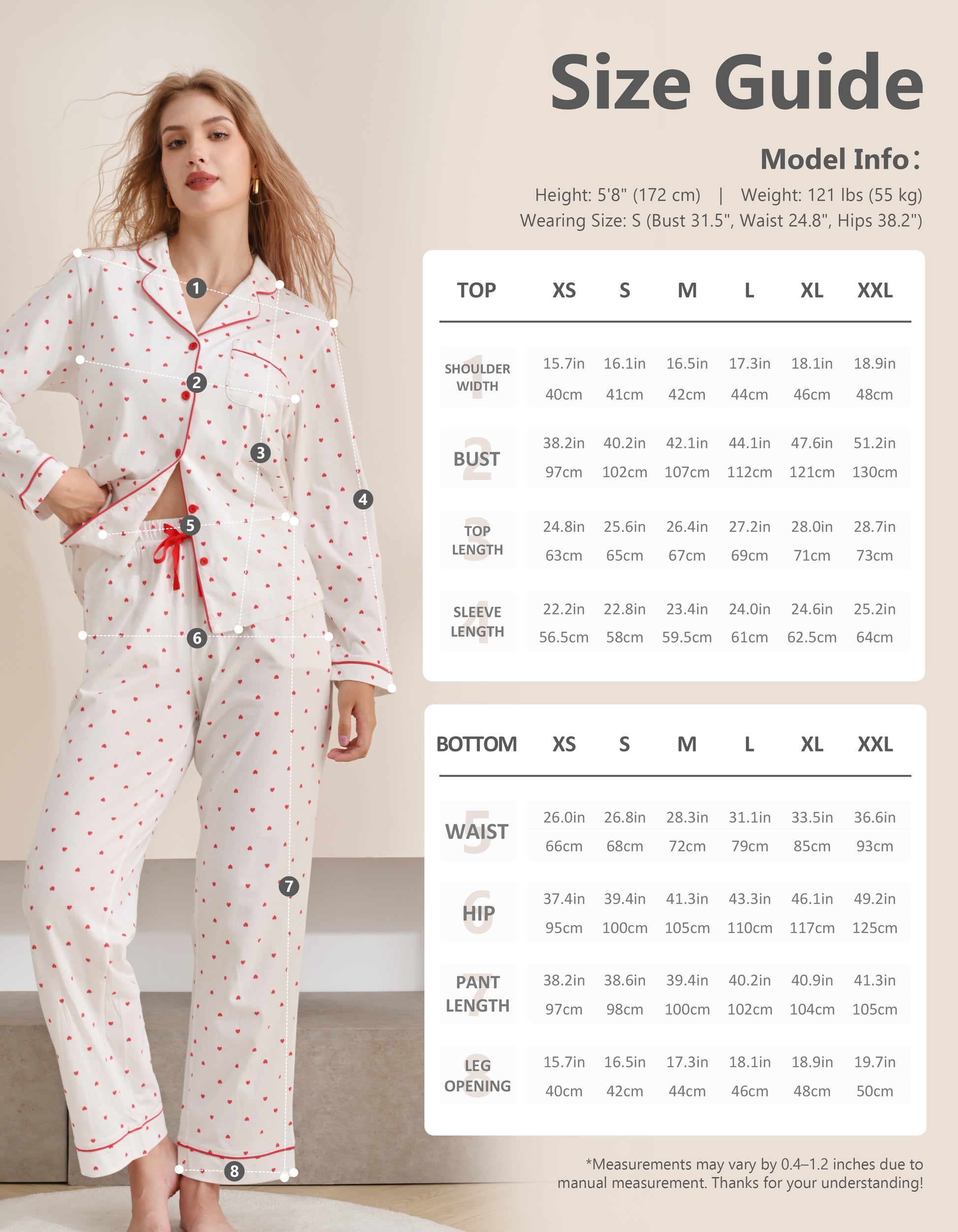 Size chart for women’s red heart knit cotton pajama set top and pants