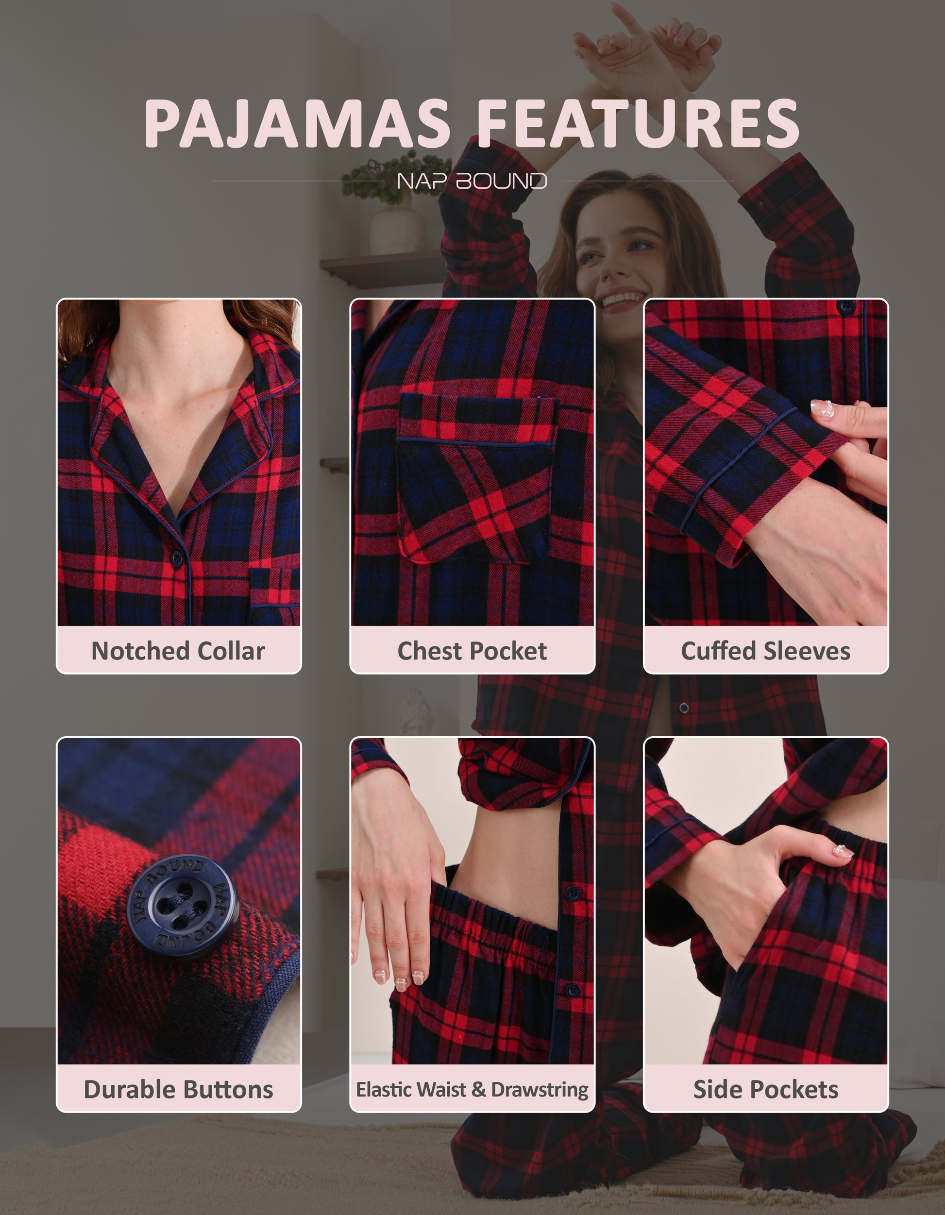 Design details of red and navy plaid pajamas including notched collar, chest pocket, cuffed sleeves, and drawstring waist
