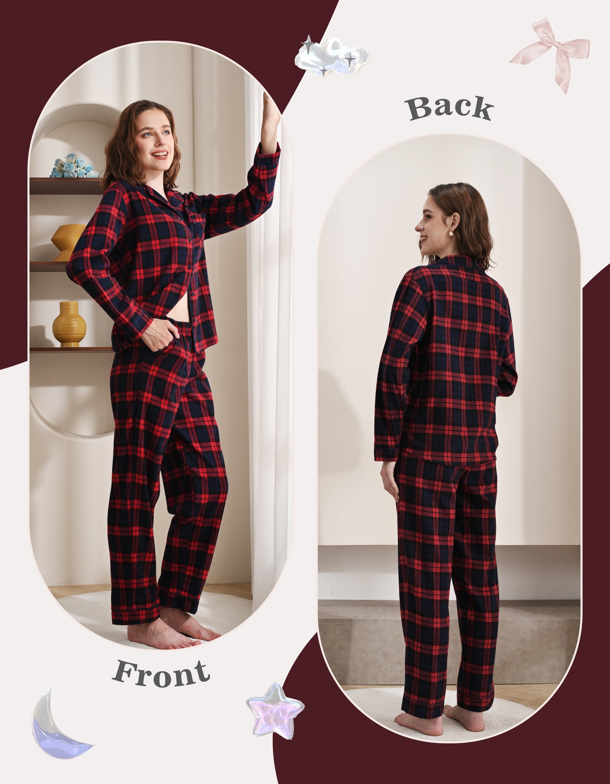 Front and back view comparison of red and navy plaid women’s woven cotton pajama set