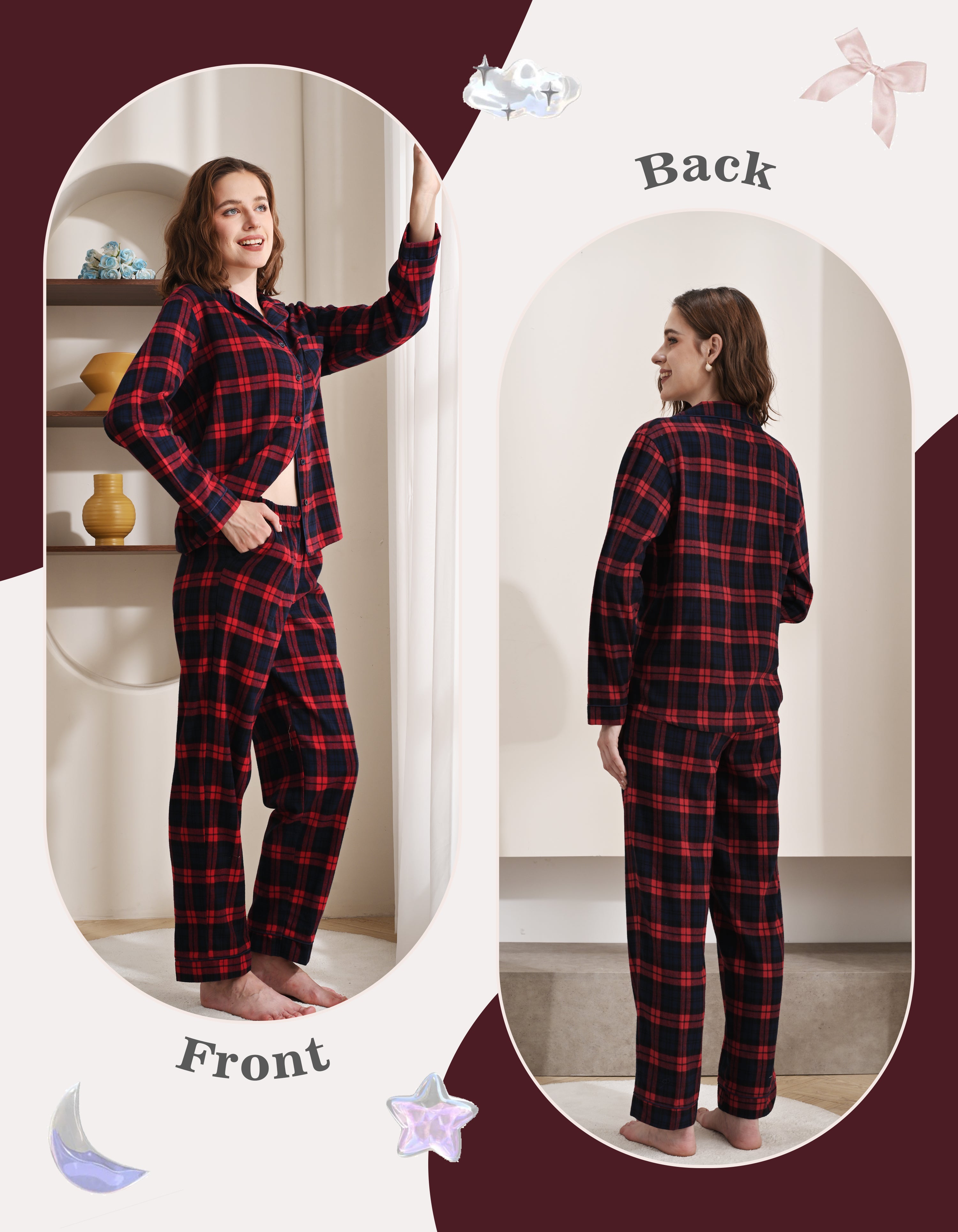 Front and back view comparison of red and navy plaid women’s woven cotton pajama set