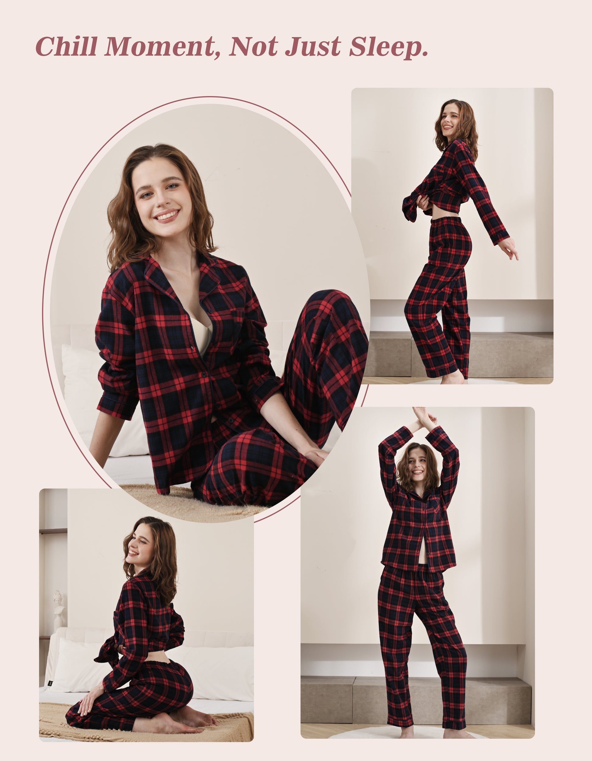Model wearing red and navy plaid woven cotton pajamas in cozy home and relaxing scenes