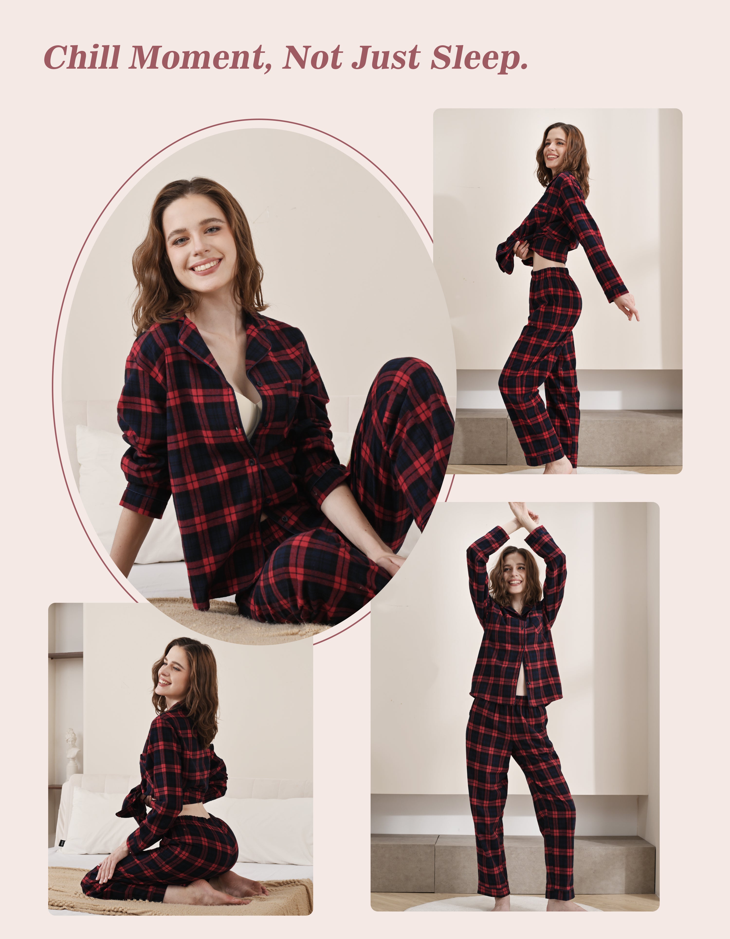 Model wearing red and navy plaid woven cotton pajamas in cozy home and relaxing scenes