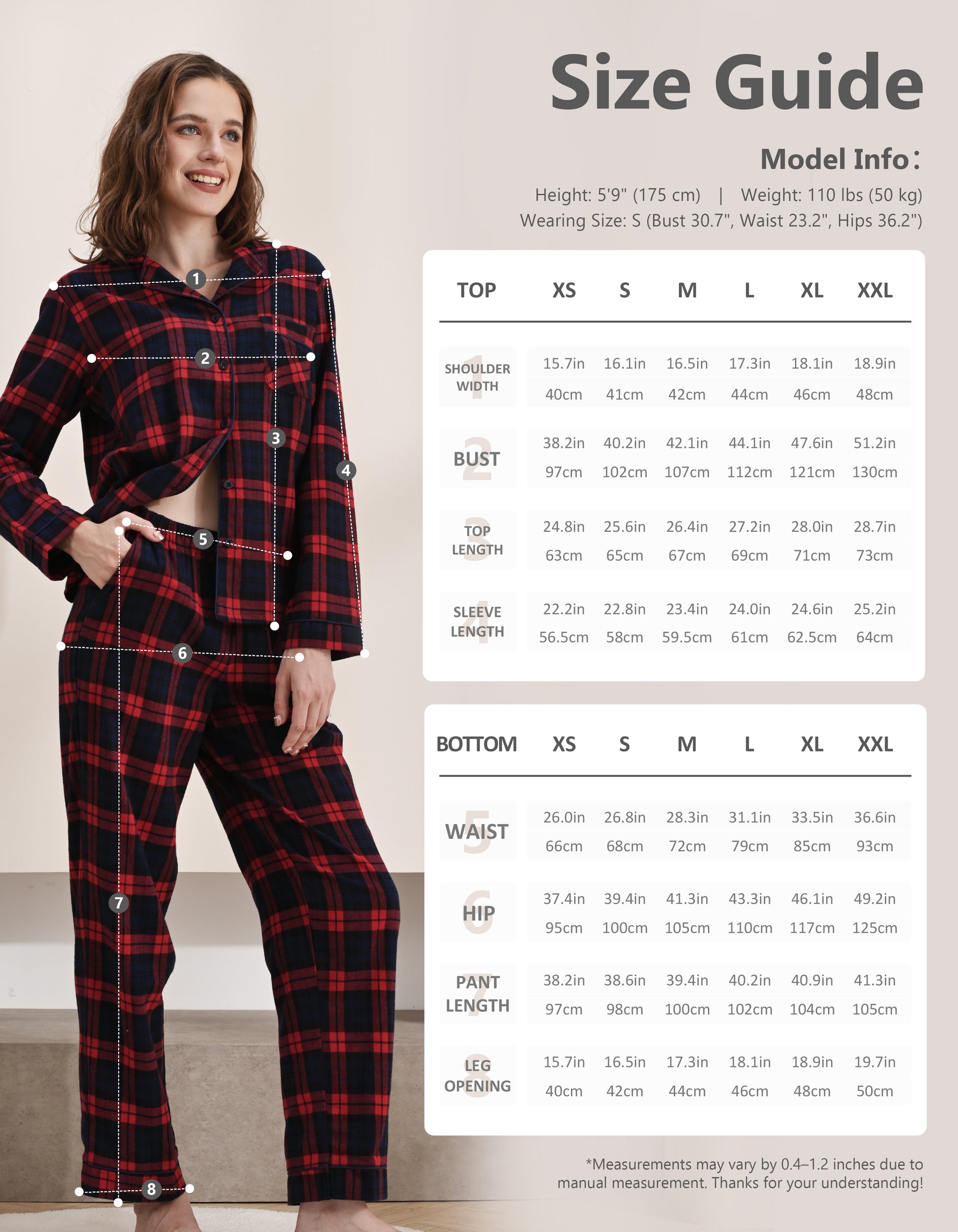 Size chart for women’s red and navy plaid woven cotton pajama set top and pants
