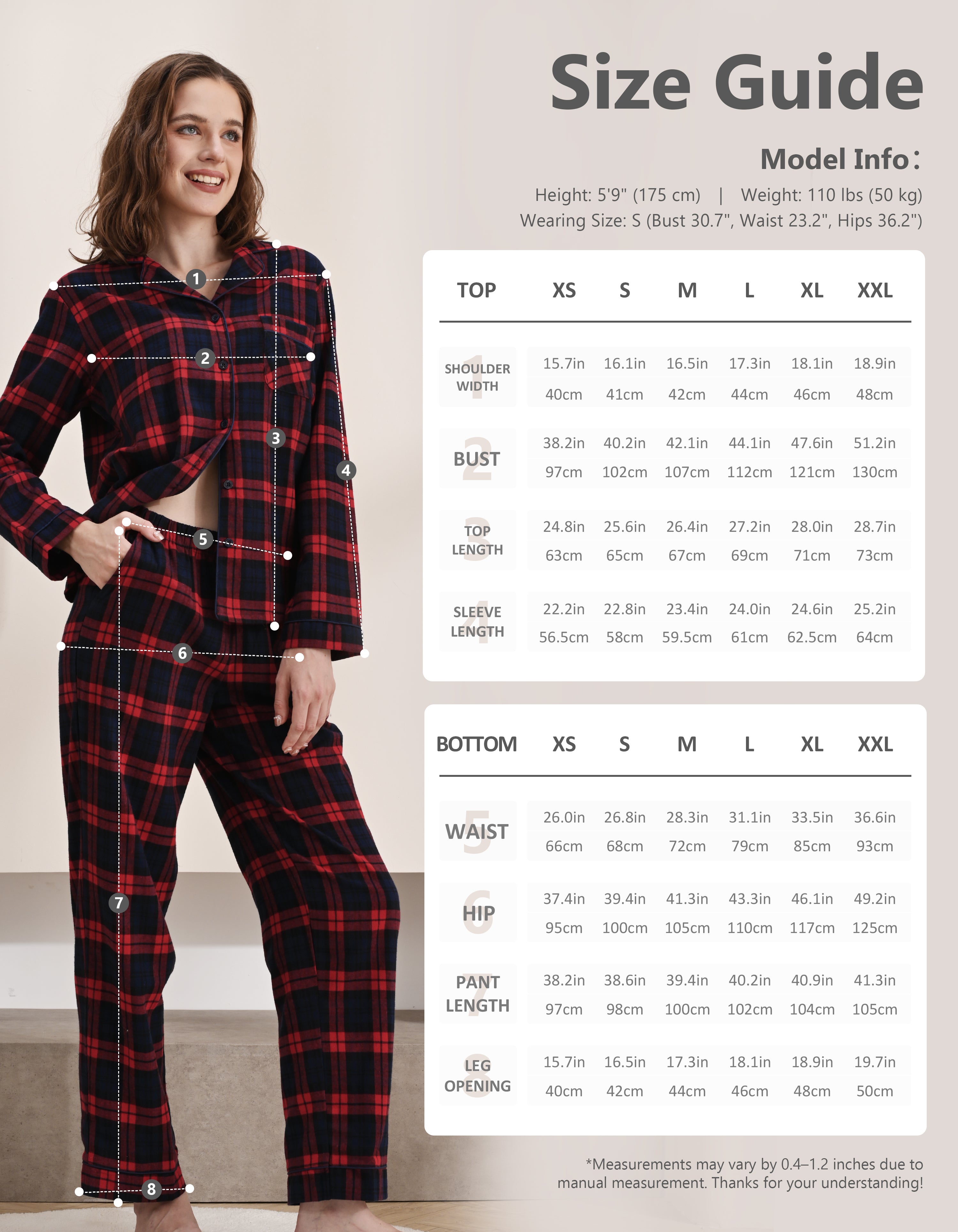 Size chart for women’s red and navy plaid woven cotton pajama set top and pants