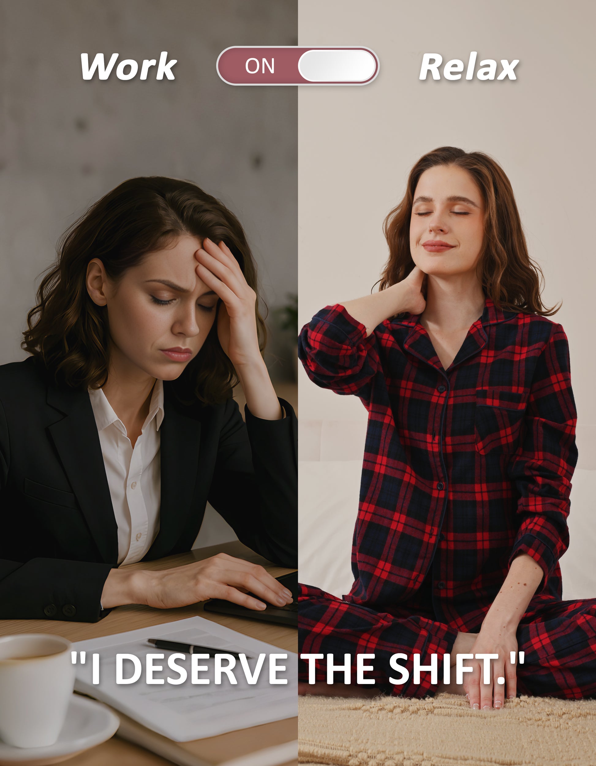Work to relax lifestyle comparison showing women wearing red and navy plaid woven cotton pajamas