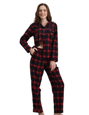 Red and navy plaid women’s woven cotton pajama set front view on white background