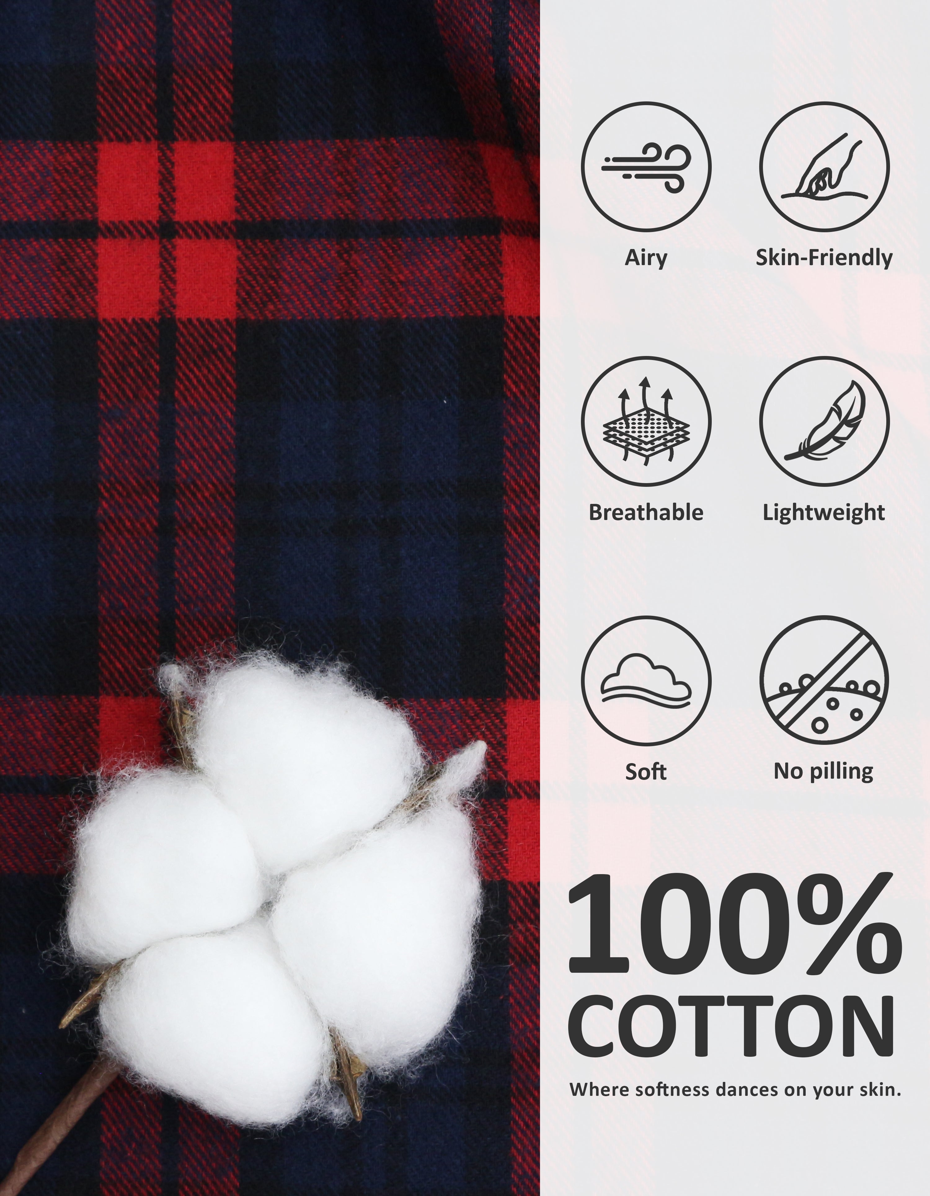 Close-up of red and navy plaid woven cotton pajama fabric showing breathability and softness