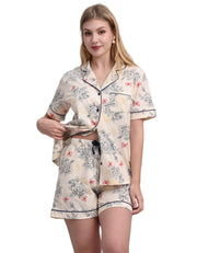 Women’s rose line print cotton pajama set front view short sleeve