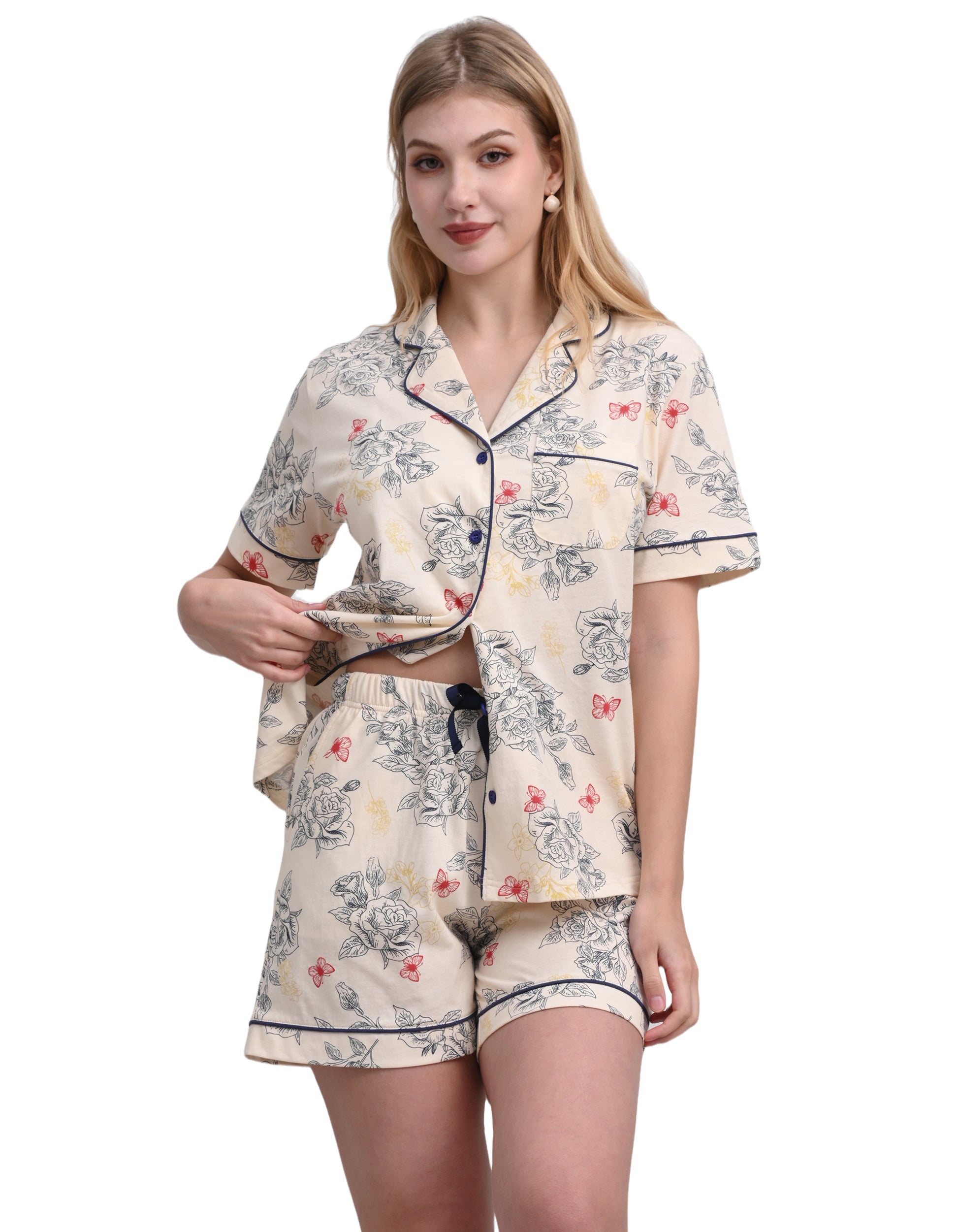 Women’s rose line print cotton pajama set front view short sleeve
