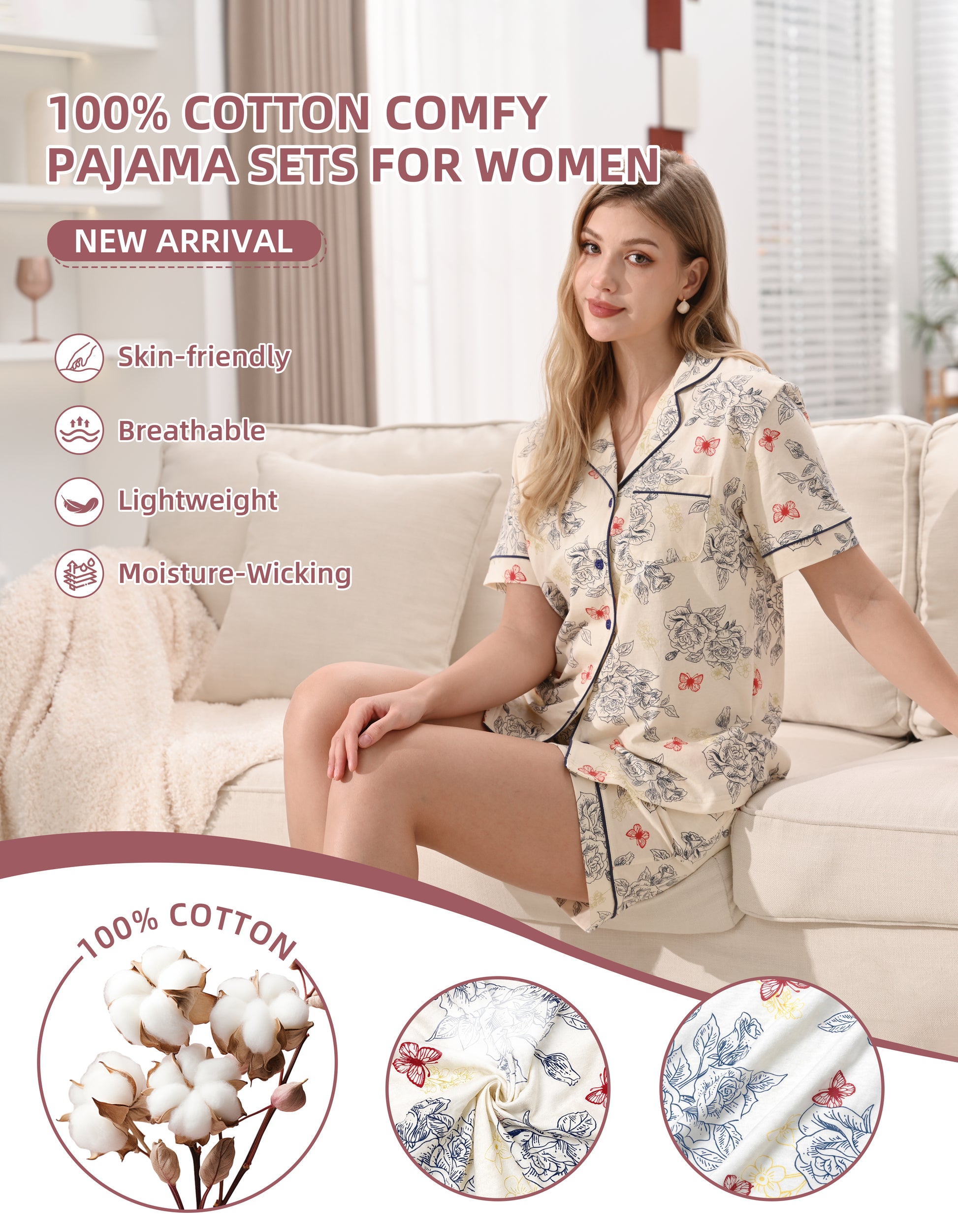 Close up of rose line print 100 percent knit cotton pajama fabric